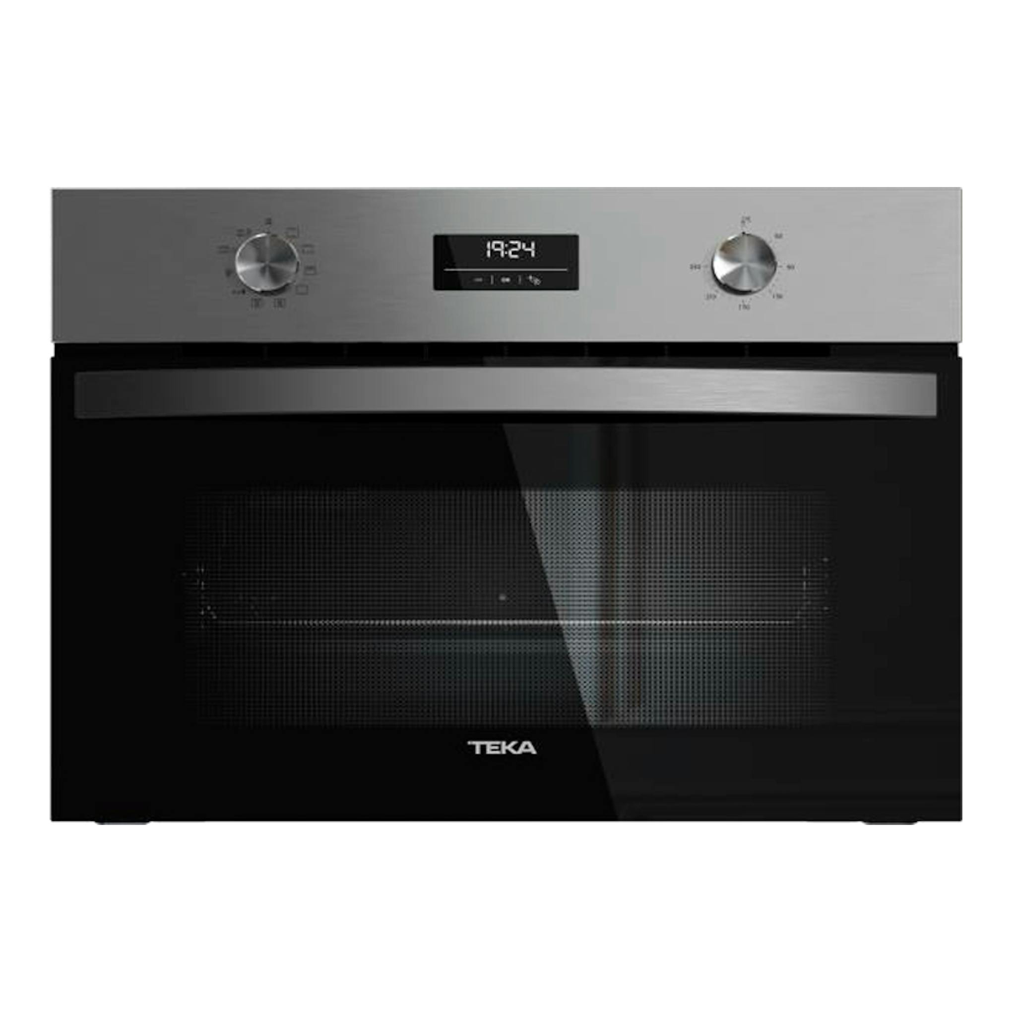 Horno empotrable Teka HBC6250P inox, vista frontal, panel superior gris con dos mandos y puerta negra.