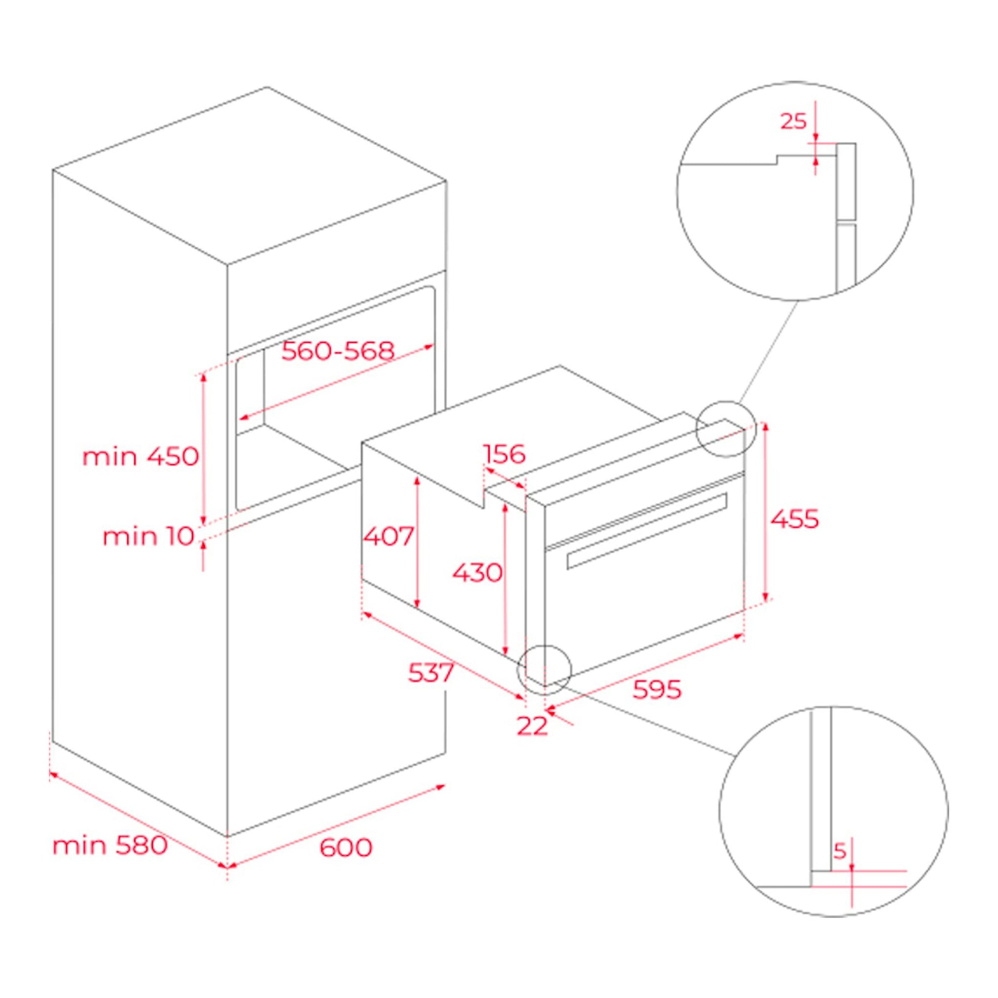 Esquema de instalación del horno Teka HBC6250P Inox, vista isométrica con medidas en rojo.