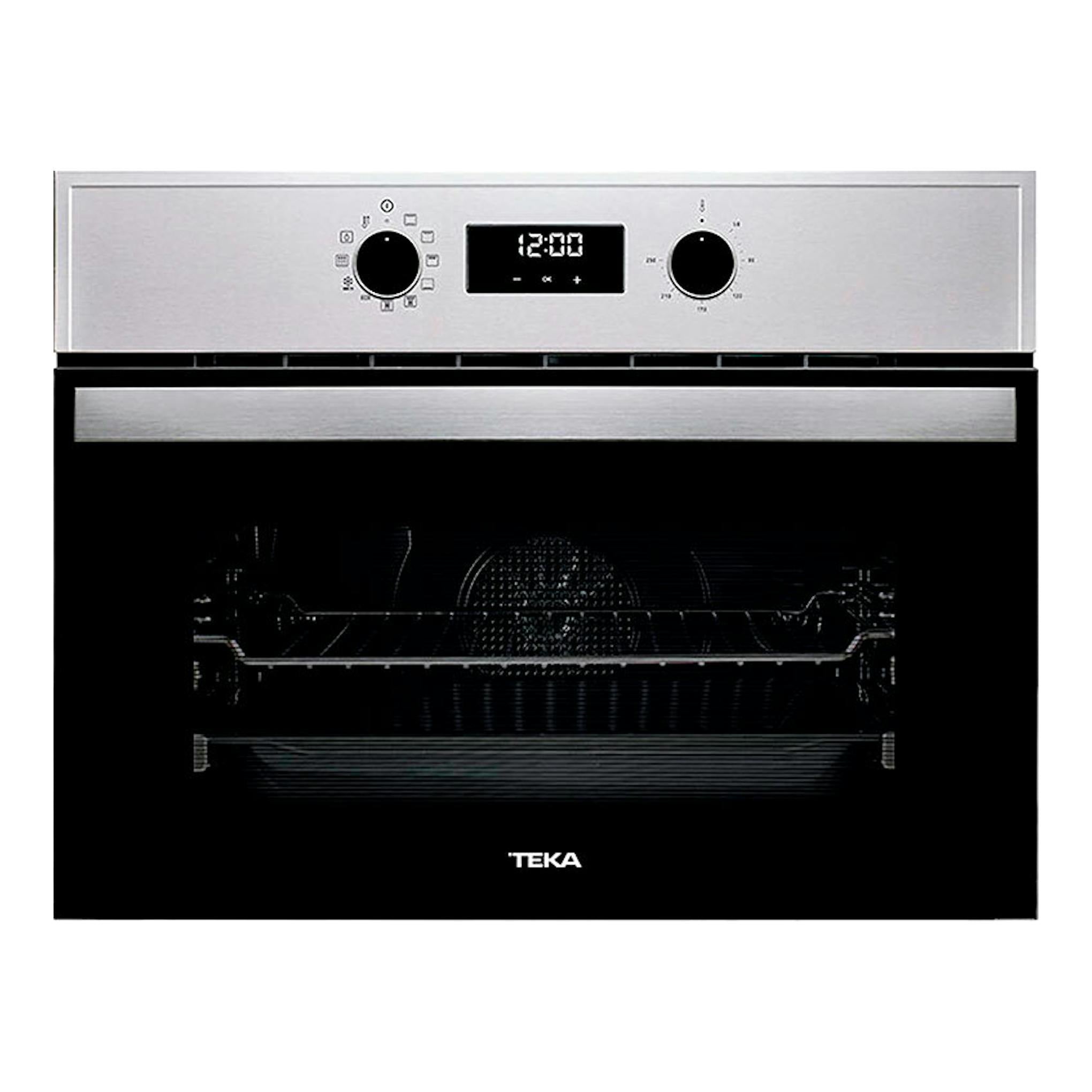 Horno Teka HBC625P Inox, frontal de acero inoxidable y puerta de vidrio negro, con pantalla digital y dos mandos.
