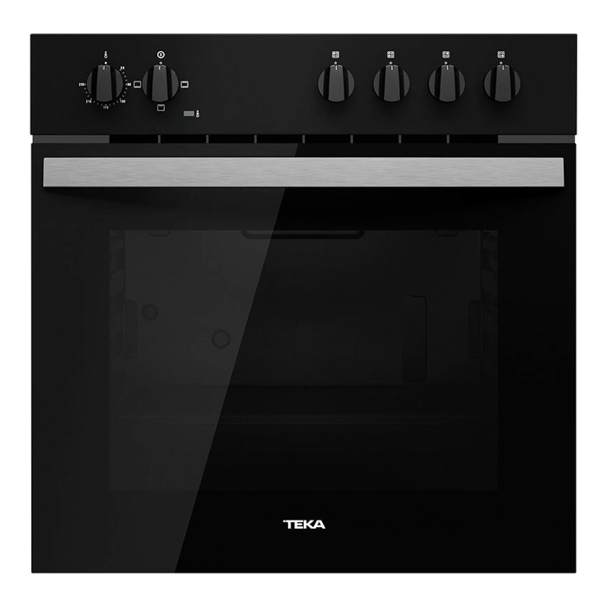 Horno Teka HBE 490 ME negro, vista frontal, con cuatro mandos y tirador de acero inoxidable.