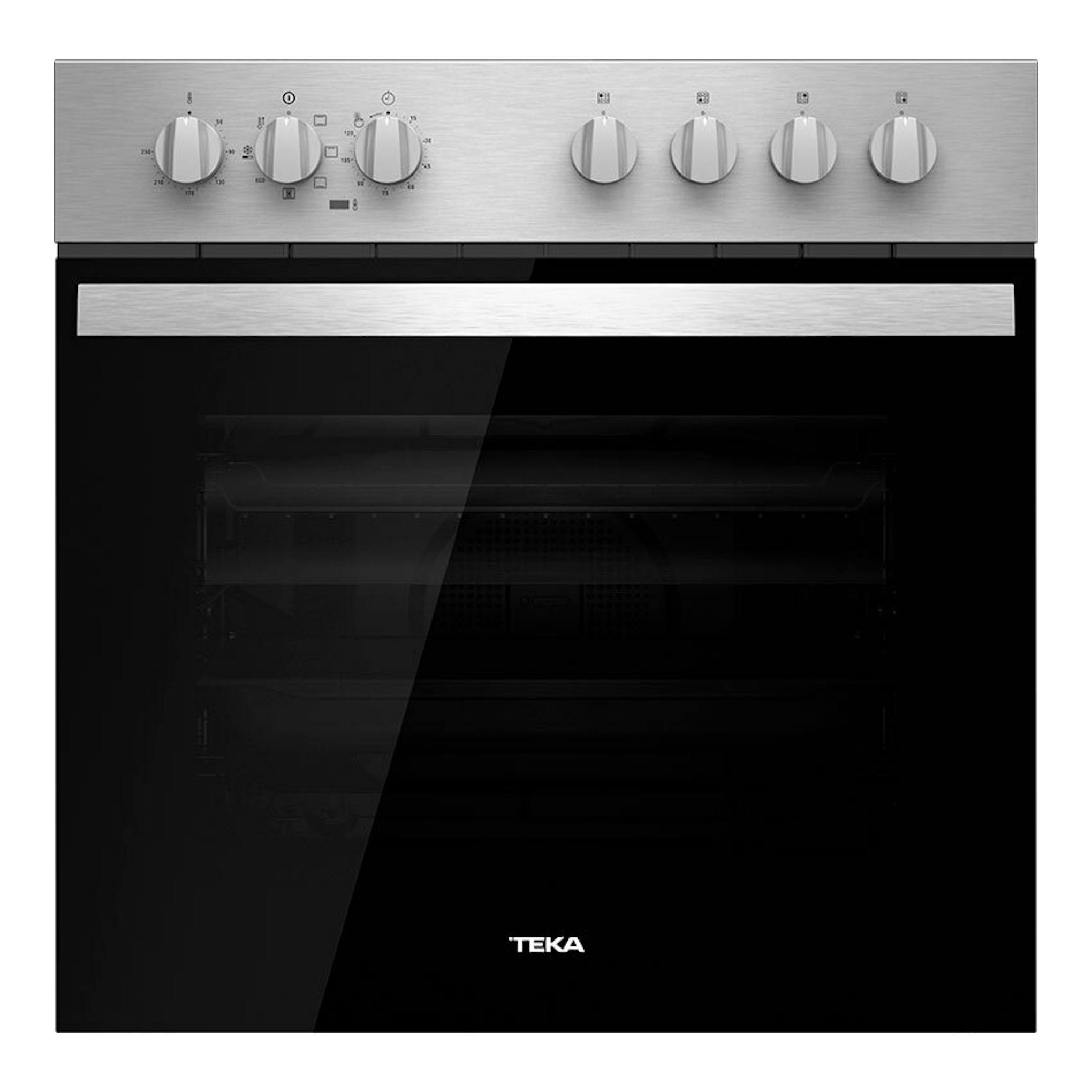 Horno Teka HBE 615 ME Inox, vista frontal, puerta negra con panel superior de acero inoxidable y mandos giratorios.