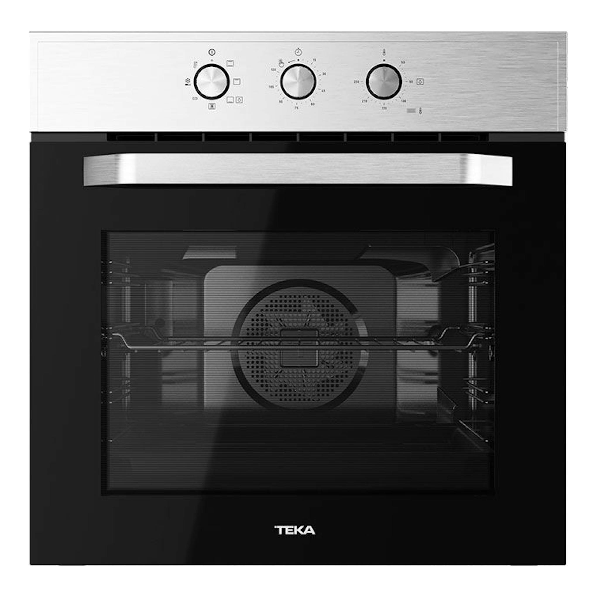 Horno Teka HCB 6525 Inox, vista frontal, acabado negro y acero inoxidable, con tres mandos en la parte superior.