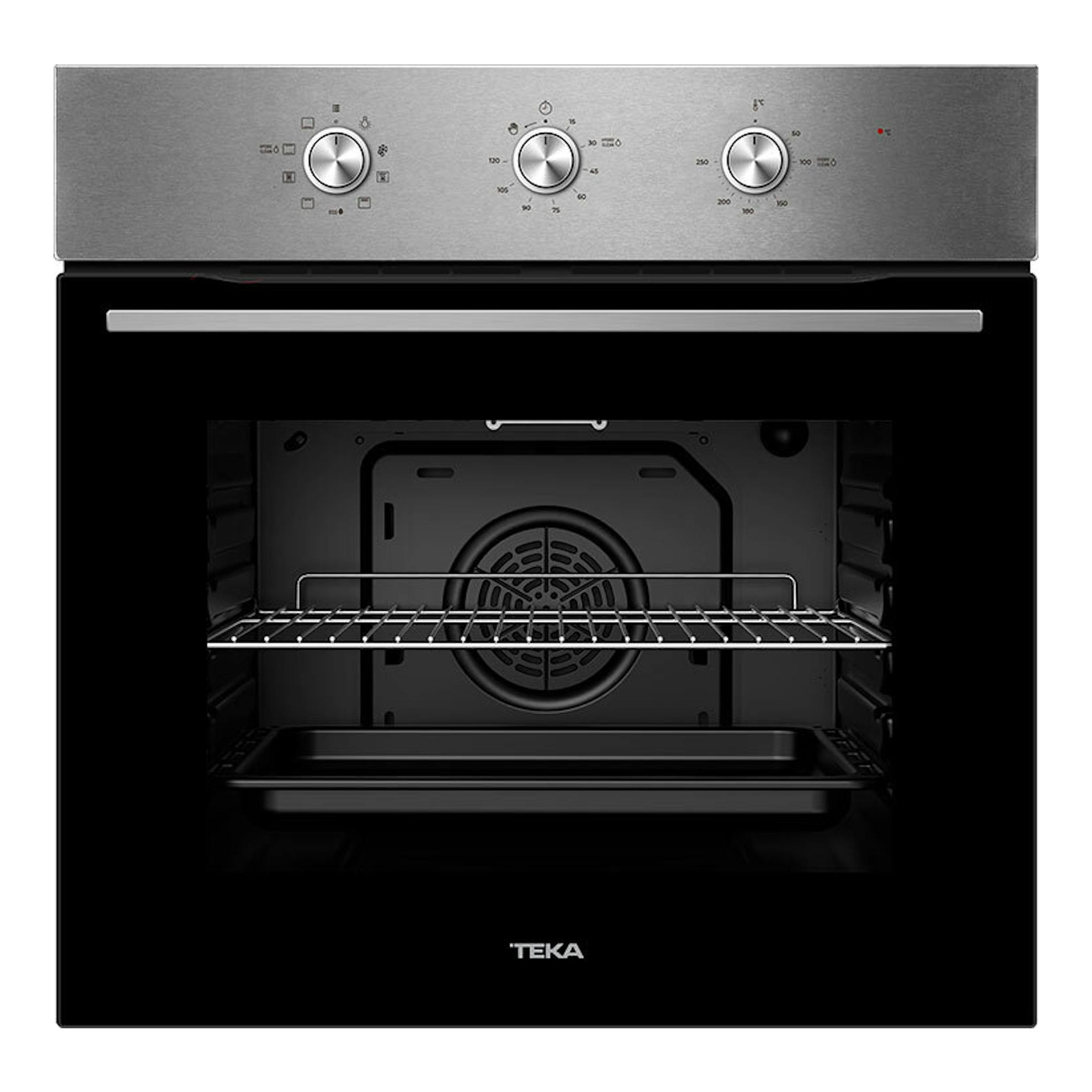 Horno Teka HCB6165 Inox, vista frontal, panel inoxidable y puerta de cristal negro con interior visible.