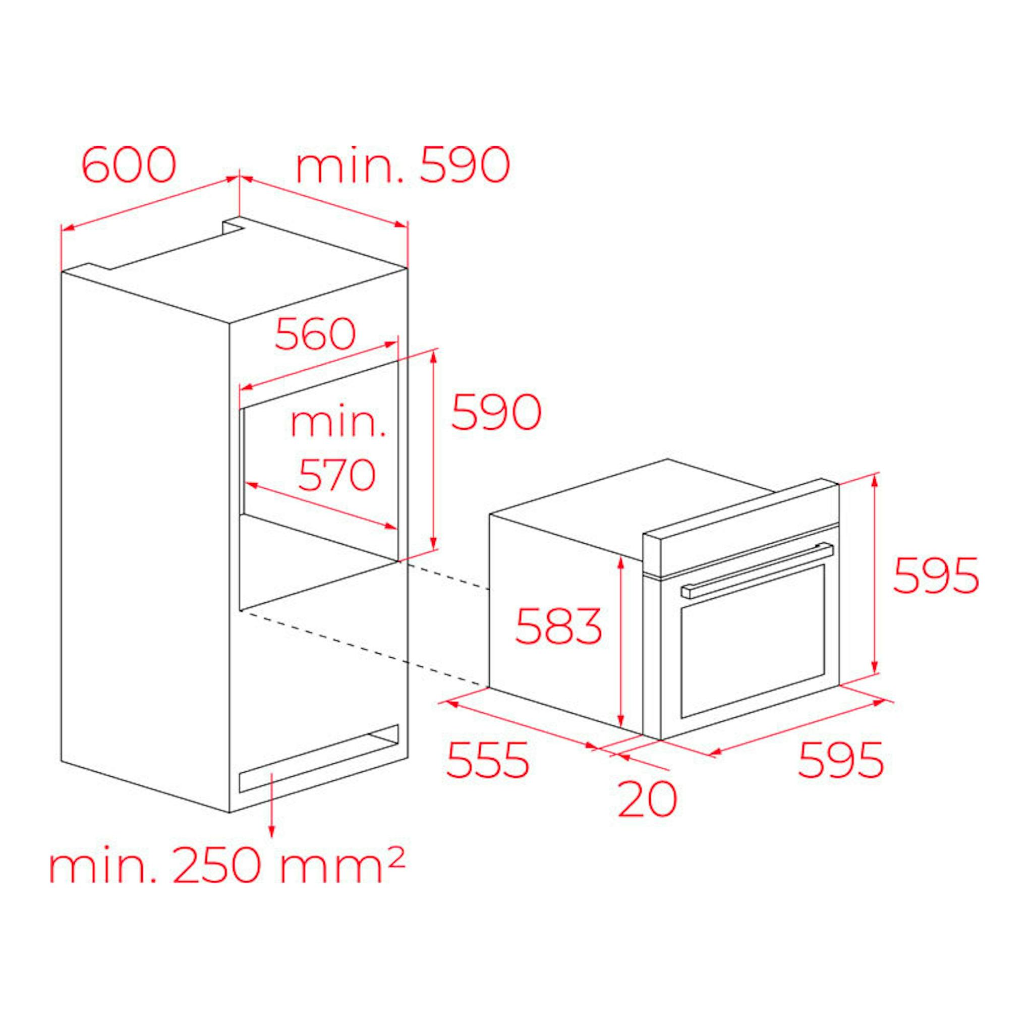 Diagrama de instalación del horno Teka HCB6165 Inox, vista frontal y lateral con medidas en rojo.