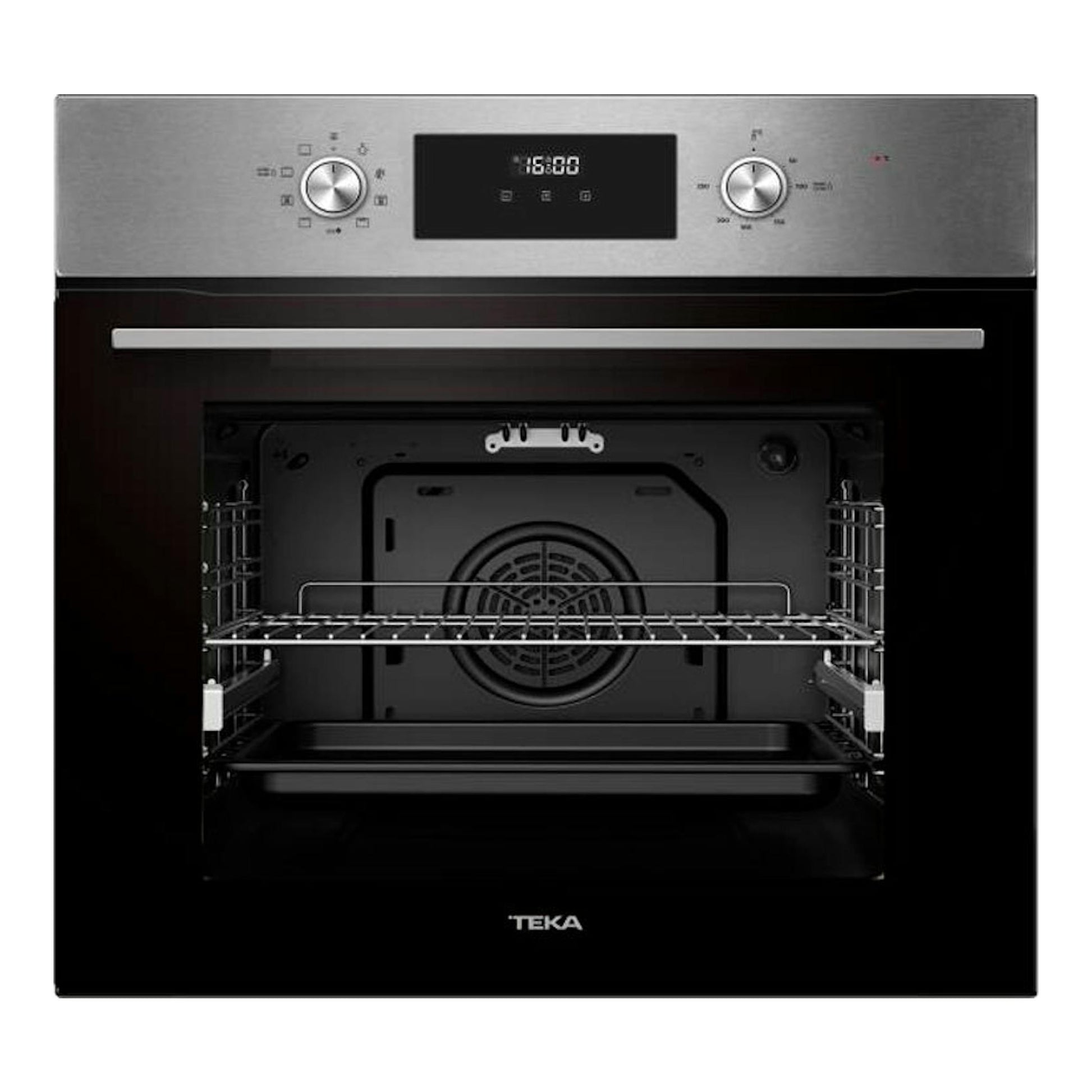 Horno Teka HCB6170 inox, vista frontal, con puerta abierta y panel superior de acero inoxidable.