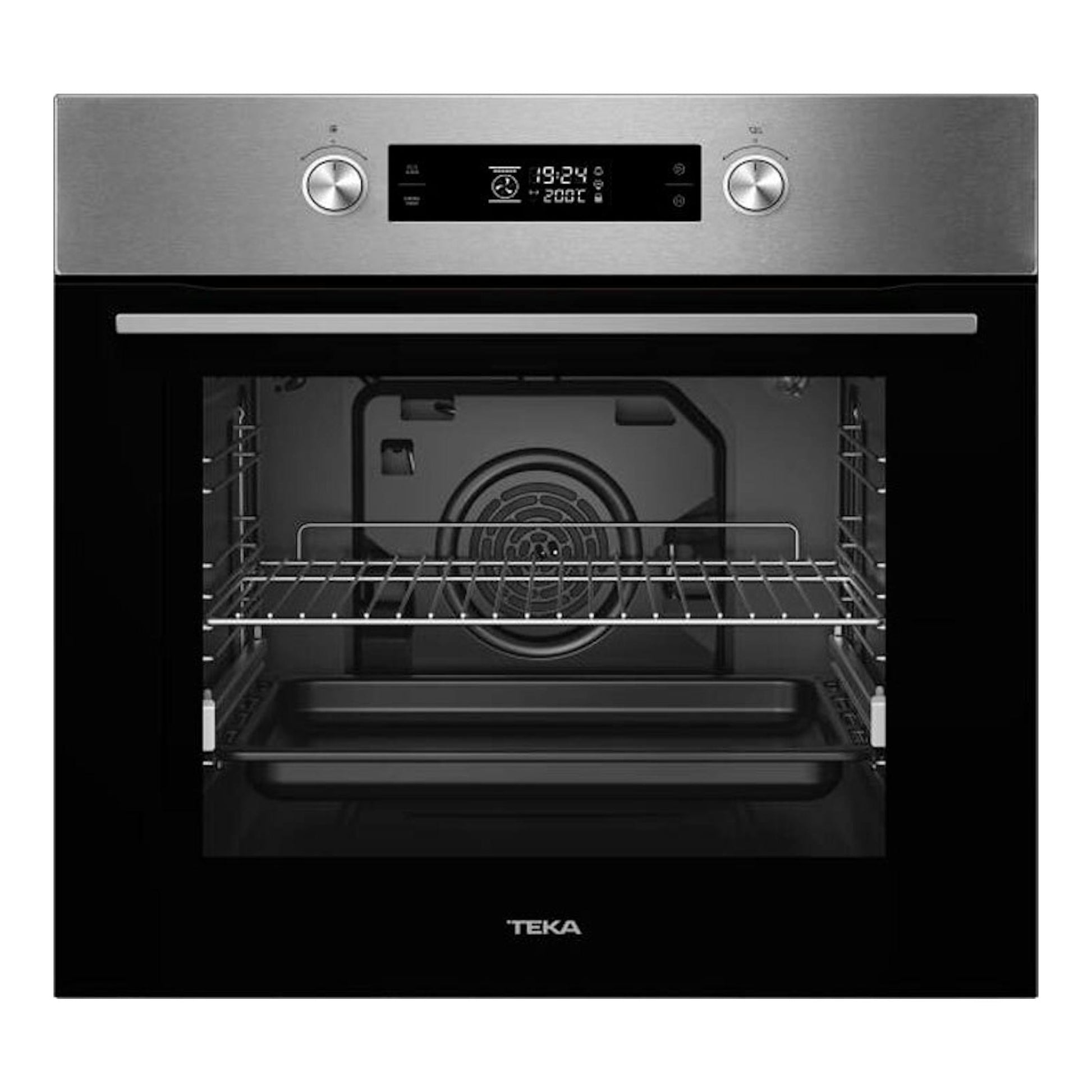 Horno Teka HCB6375P Inox, vista frontal, puerta de cristal negro abierta y panel superior de acero inoxidable.