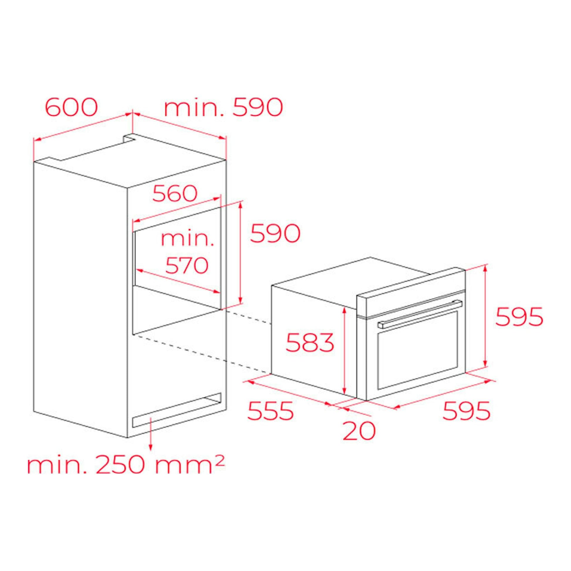 Diagrama de instalación del horno Teka HCB6375P Inox, con vistas frontal y lateral y medidas en mm.