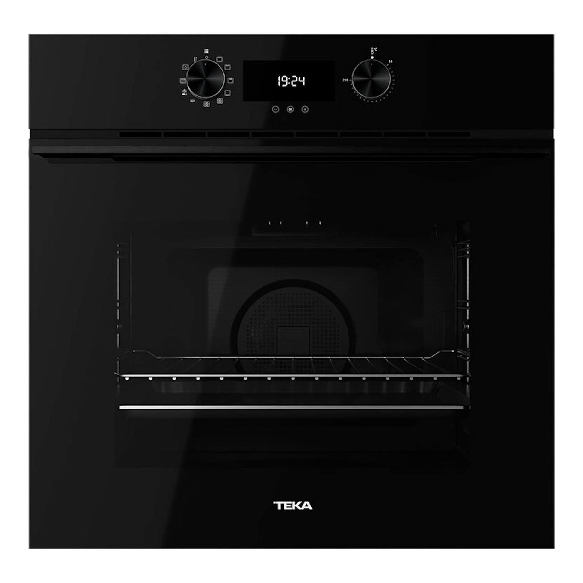 Horno Teka HLB8400 P FBK negro, vista frontal, con panel digital, dos mandos y puerta de cristal.