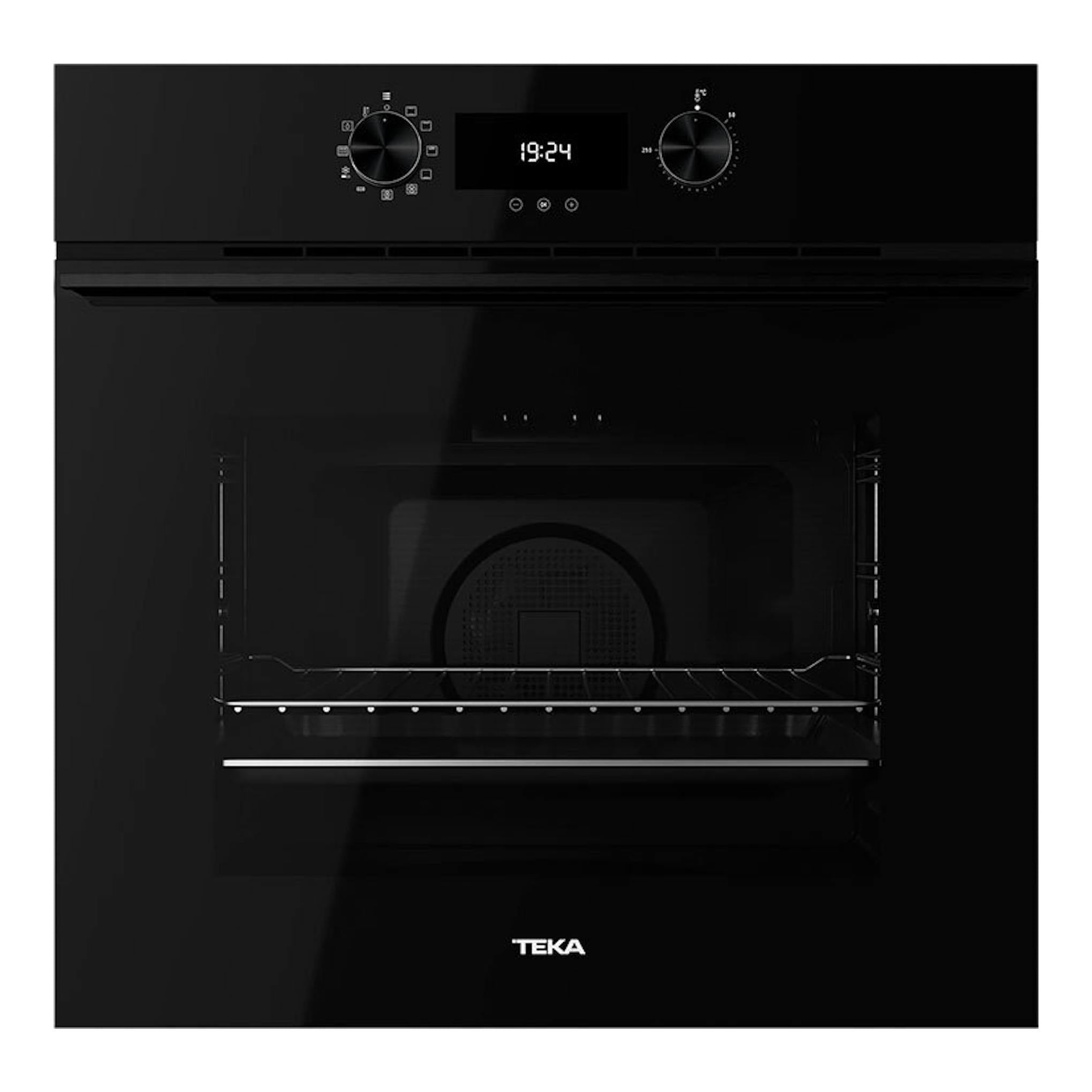 Horno Teka HLB8400 P FBK negro, vista frontal, con panel digital, dos mandos y puerta de cristal.