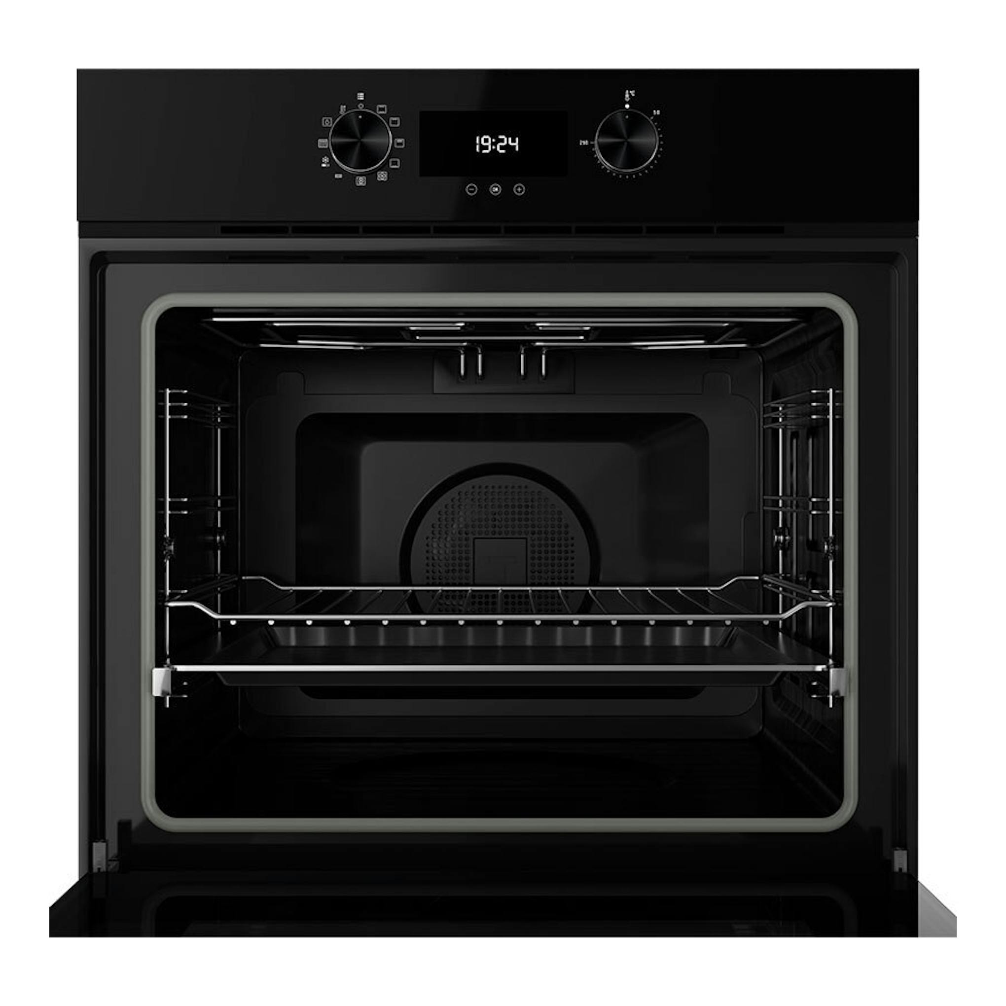 Horno Teka HLB8400 P FBK negro, vista frontal con puerta abierta y panel digital.