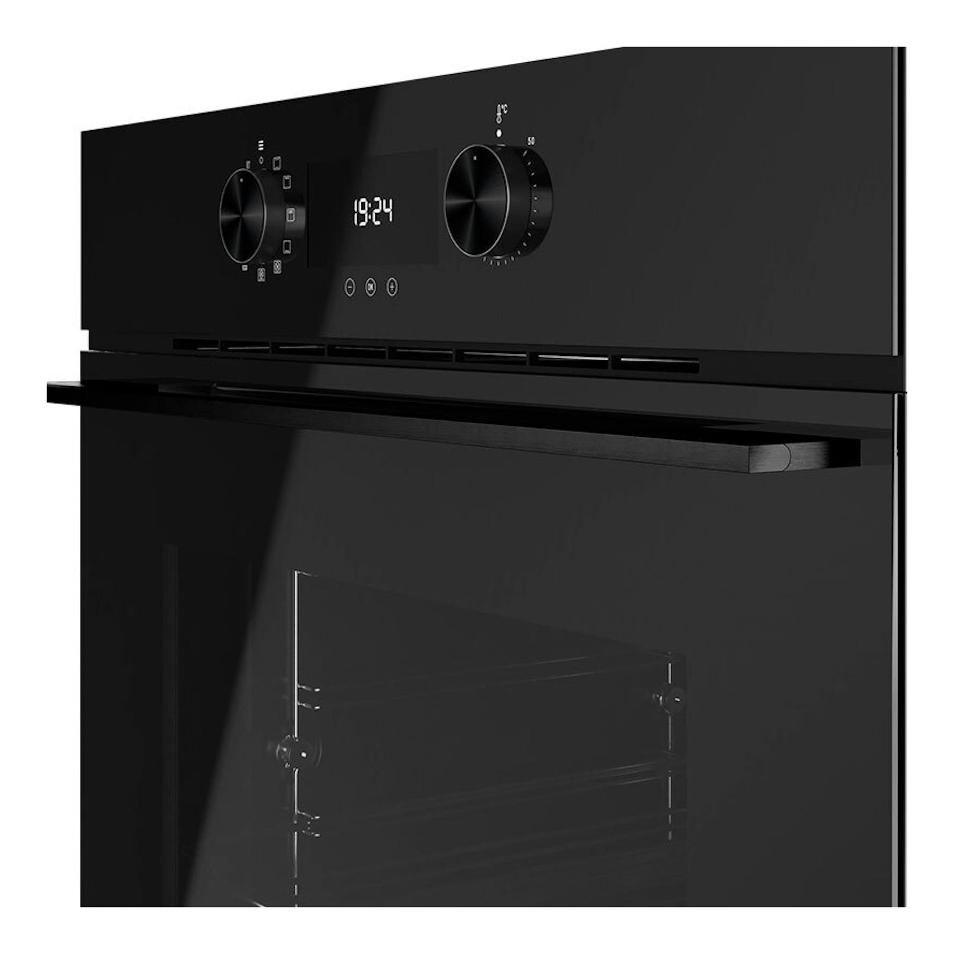 Horno Teka HLB8400 P FBK negro, vista frontal, con panel digital y dos mandos.