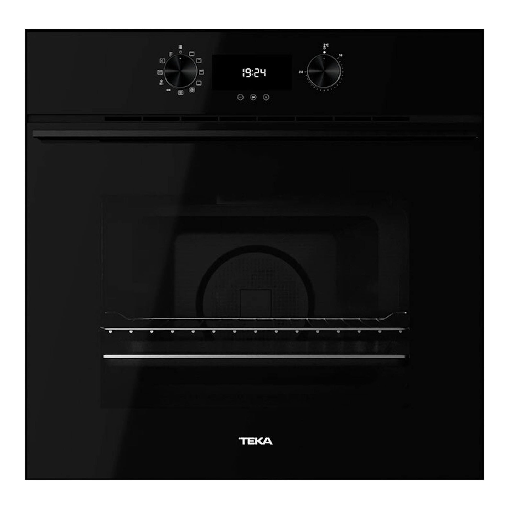 Horno empotrable Teka HLB8400 P FBK negro, vista frontal, con dos mandos, reloj digital y puerta de cristal.