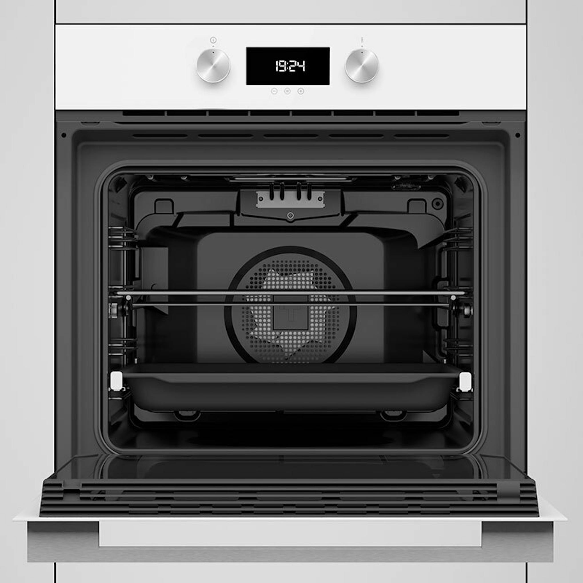 Horno Teka HLB8400 WH blanco con la puerta abierta y el interior visible