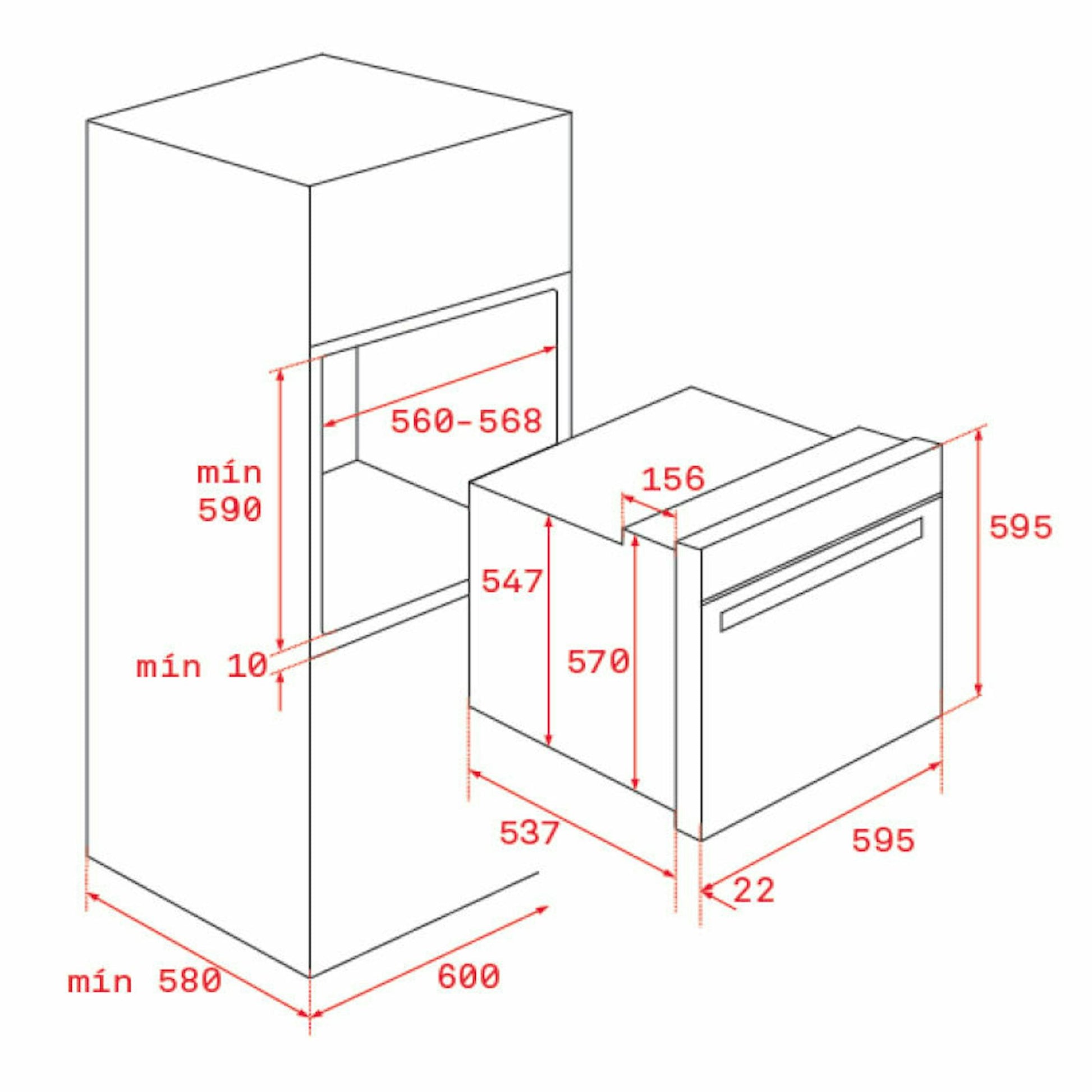 Teka HLB8400P BK negro, esquema de medidas de instalación del horno