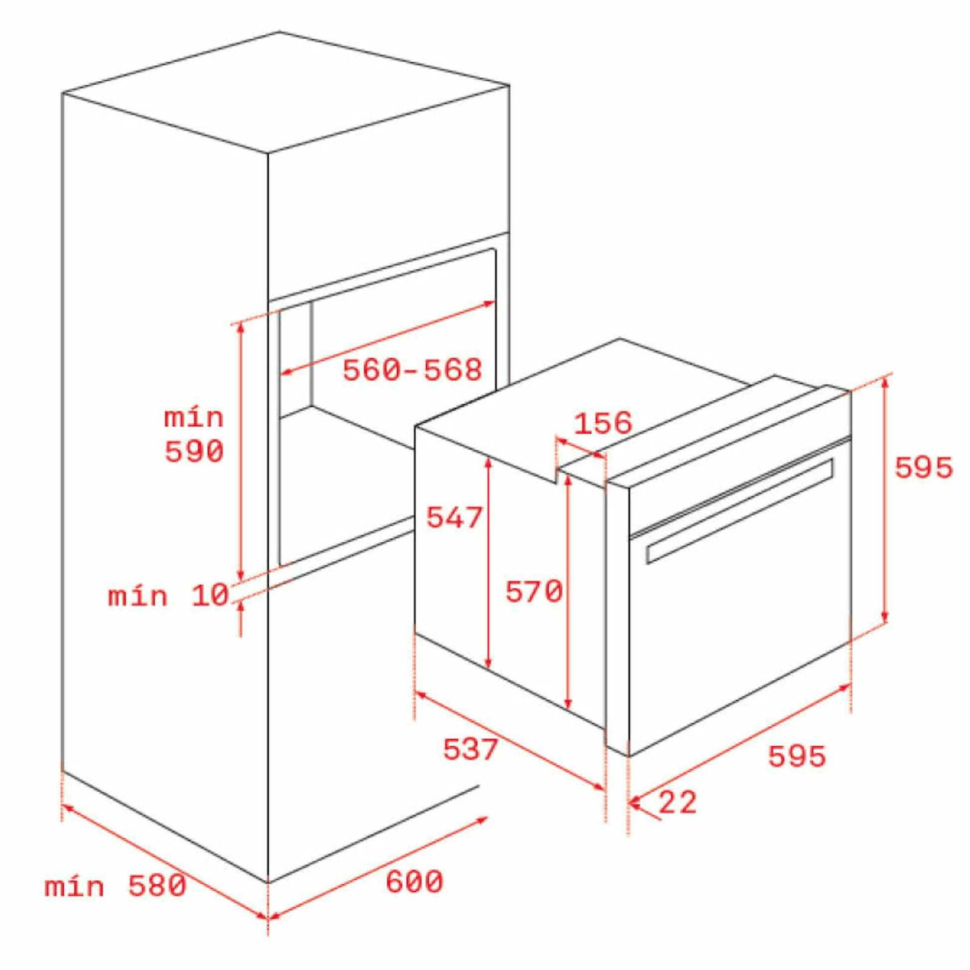 Dibujo técnico del horno Teka HLB8400P Stone Grey con medidas de instalación