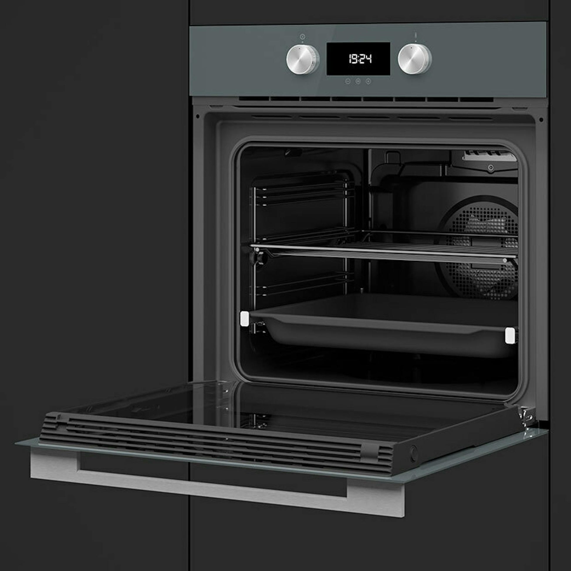 Horno Teka HLB8400P Stone Grey abierto con la puerta abatible y el interior visible