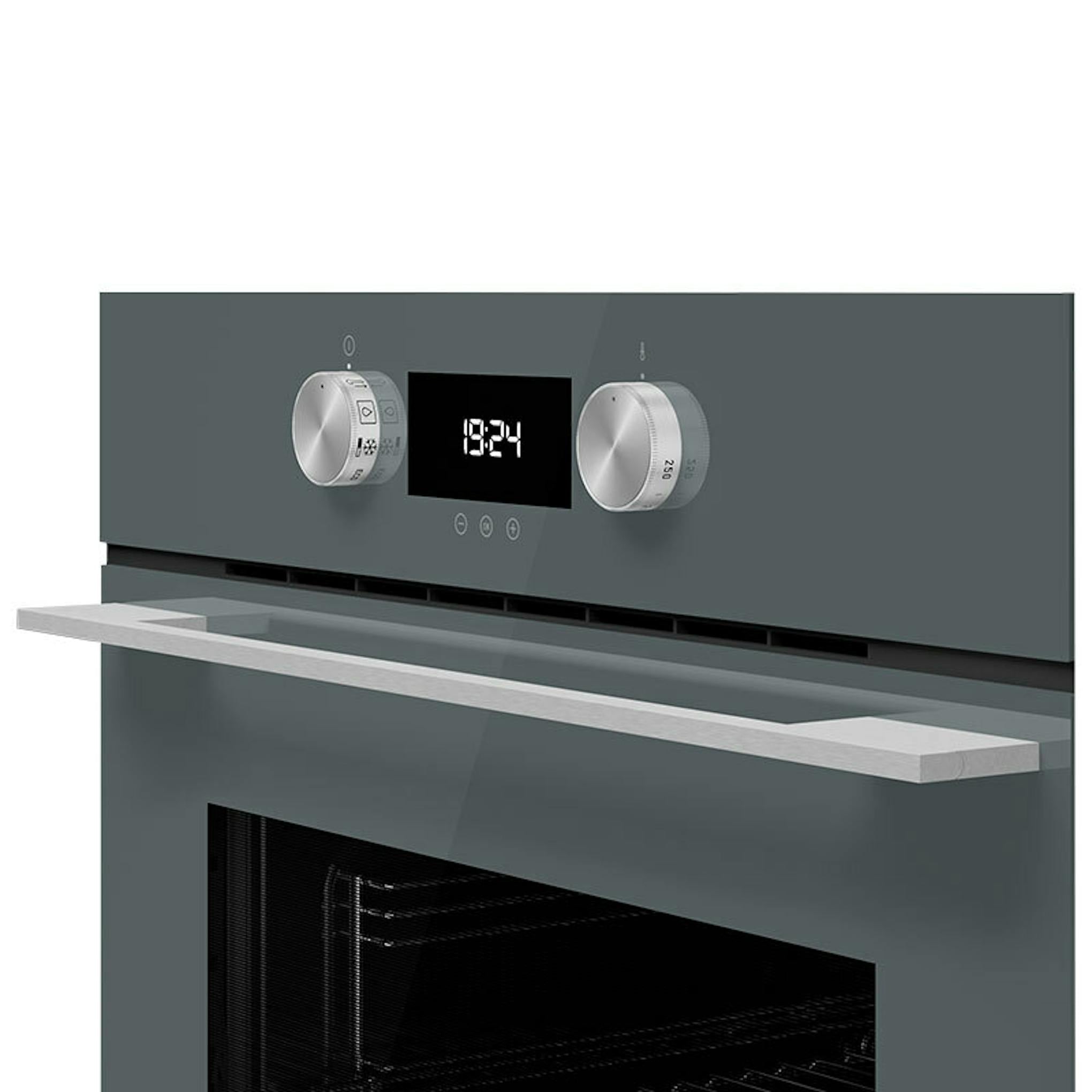 Horno Teka HLB8400P Stone Grey empotrable con puerta abierta y pantalla digital