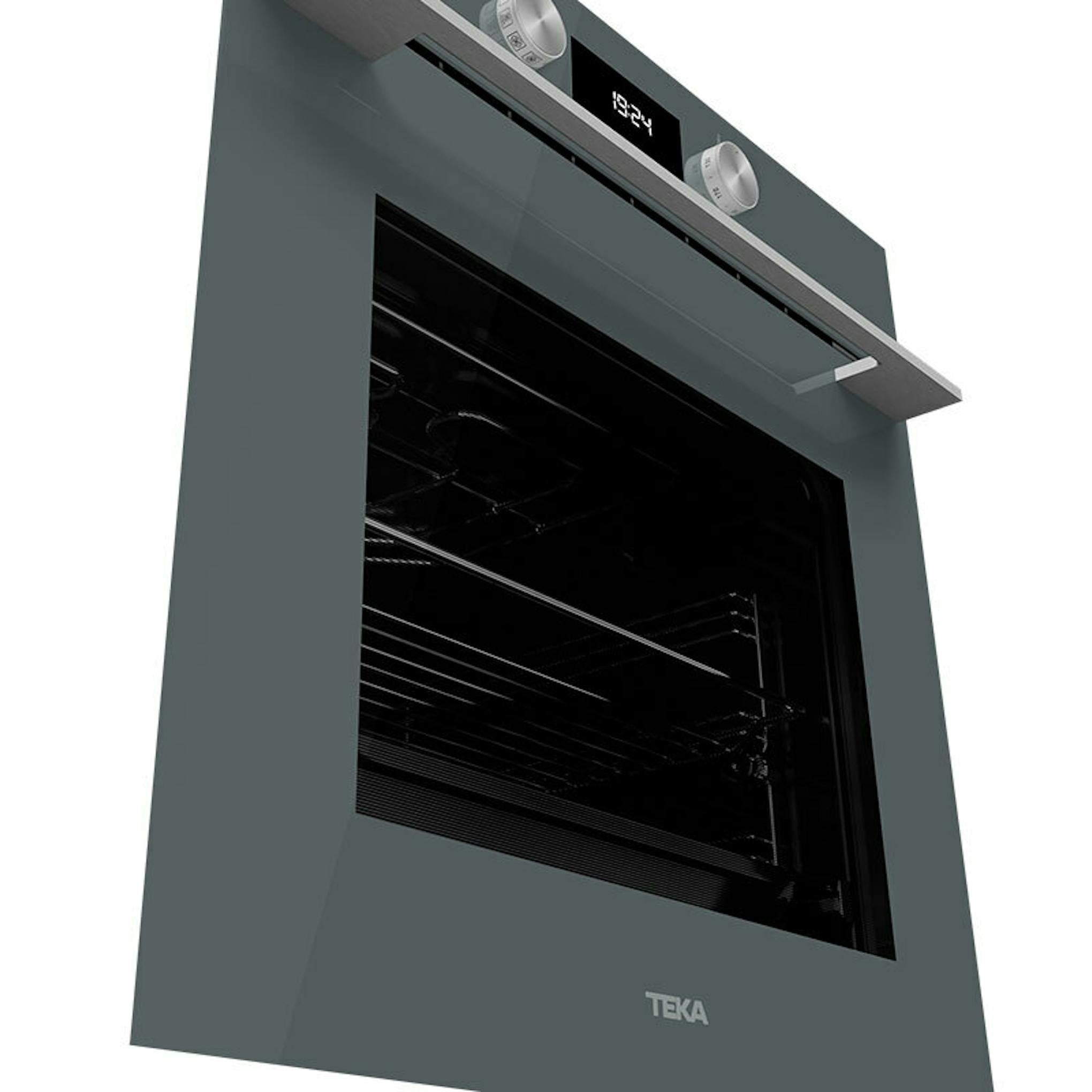 Horno Teka HLB8400P Stone Grey en color gris piedra, visto en ángulo con la puerta abierta