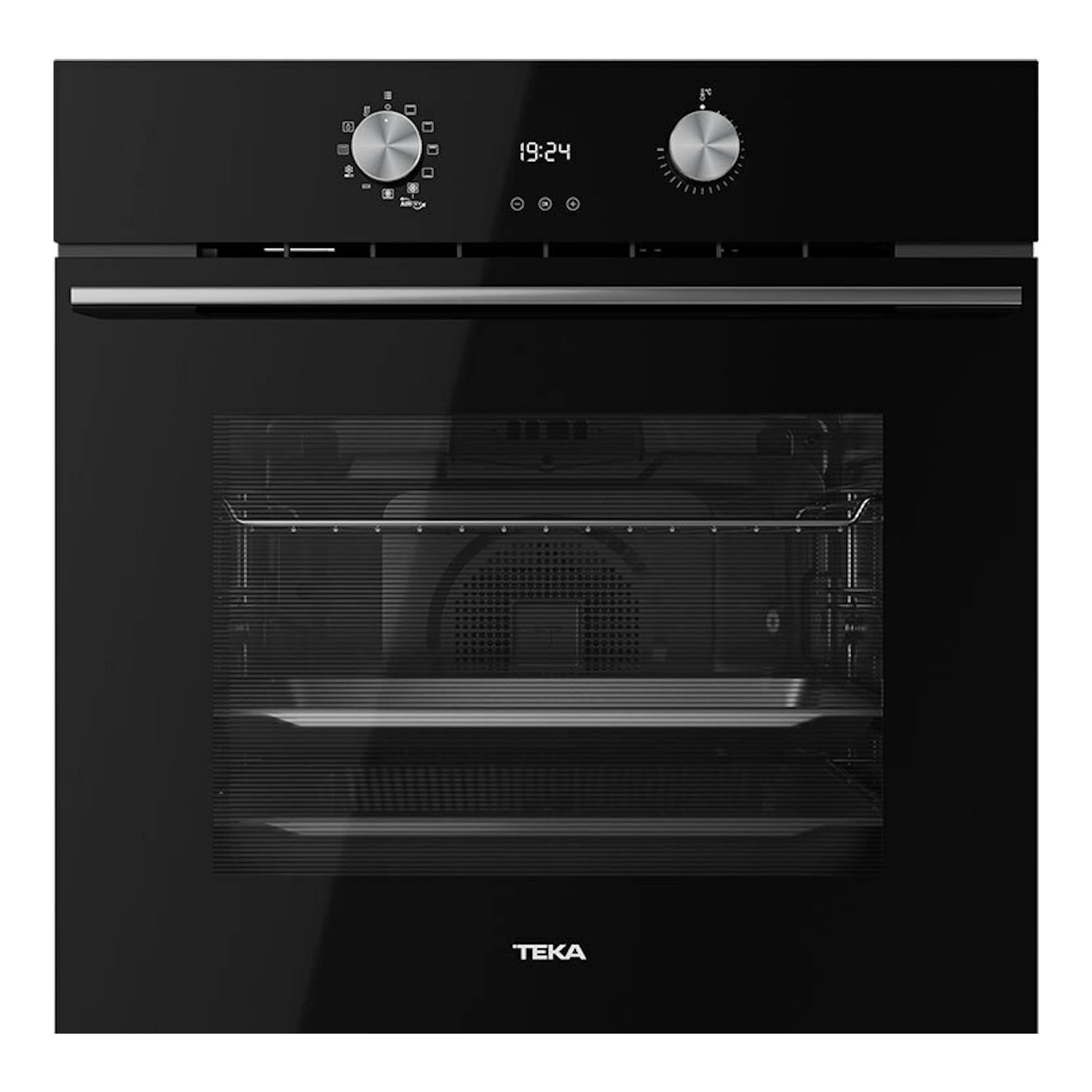 Horno Teka HLB8406P Inox, vista frontal, negro con panel digital y dos mandos plateados.