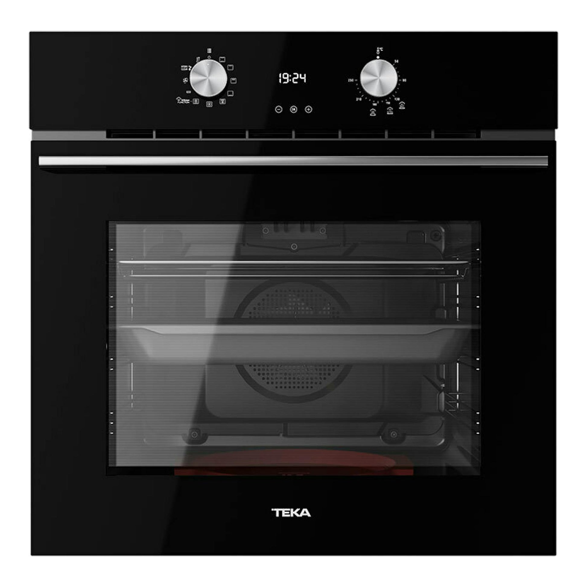 Horno Teka HLB8408S de cristal negro, vista frontal, con dos mandos y display digital.