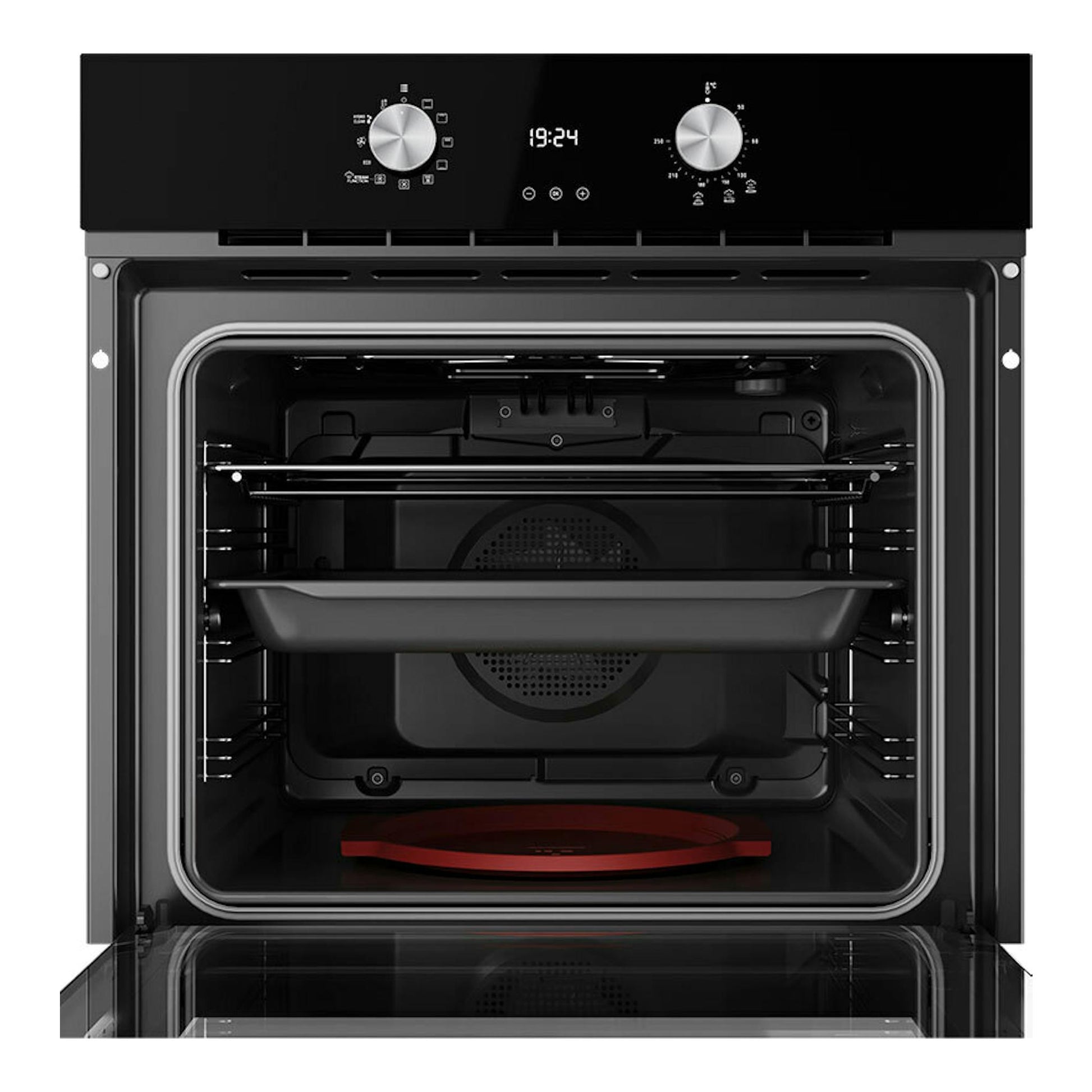 Horno Teka HLB8408S de cristal negro, vista frontal con puerta abierta, panel digital y dos mandos.