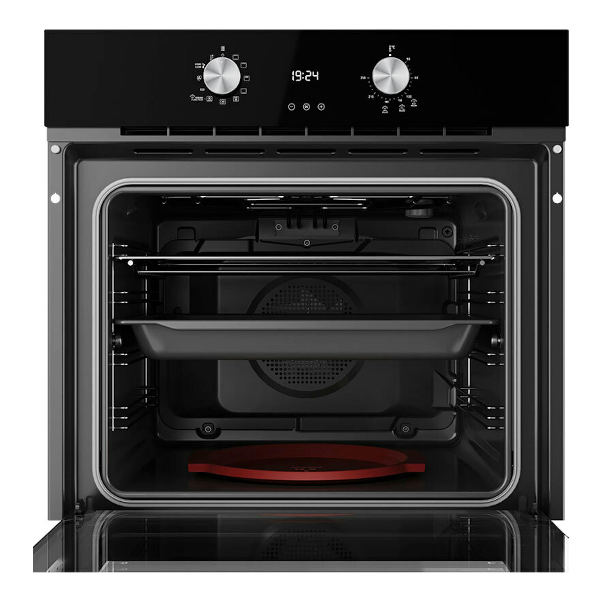 Horno Teka HLB8408S de cristal negro, vista frontal con puerta abierta, panel digital y dos mandos.