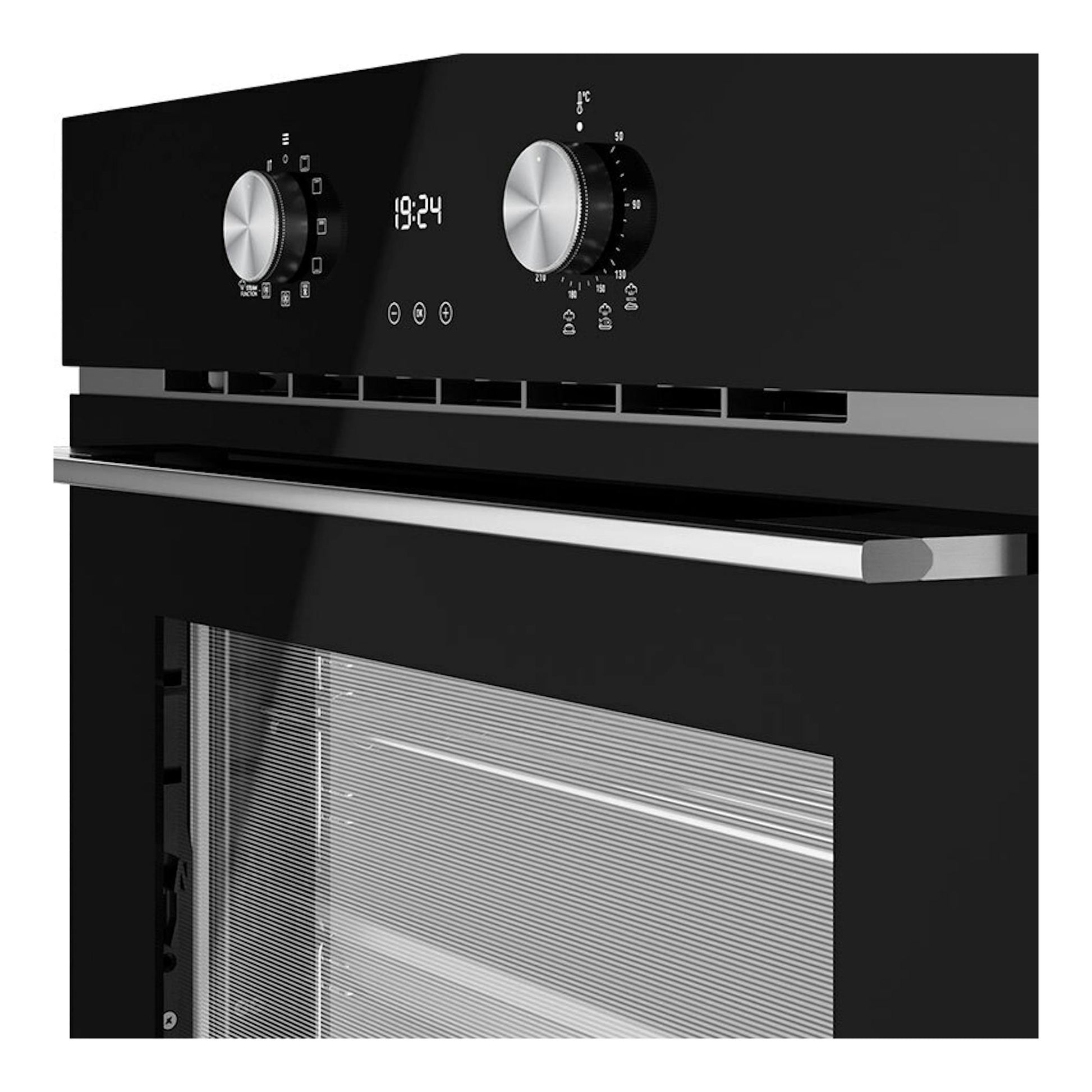 Horno Teka HLB8408S de cristal negro, vista frontal inclinada, con dos mandos y display digital.