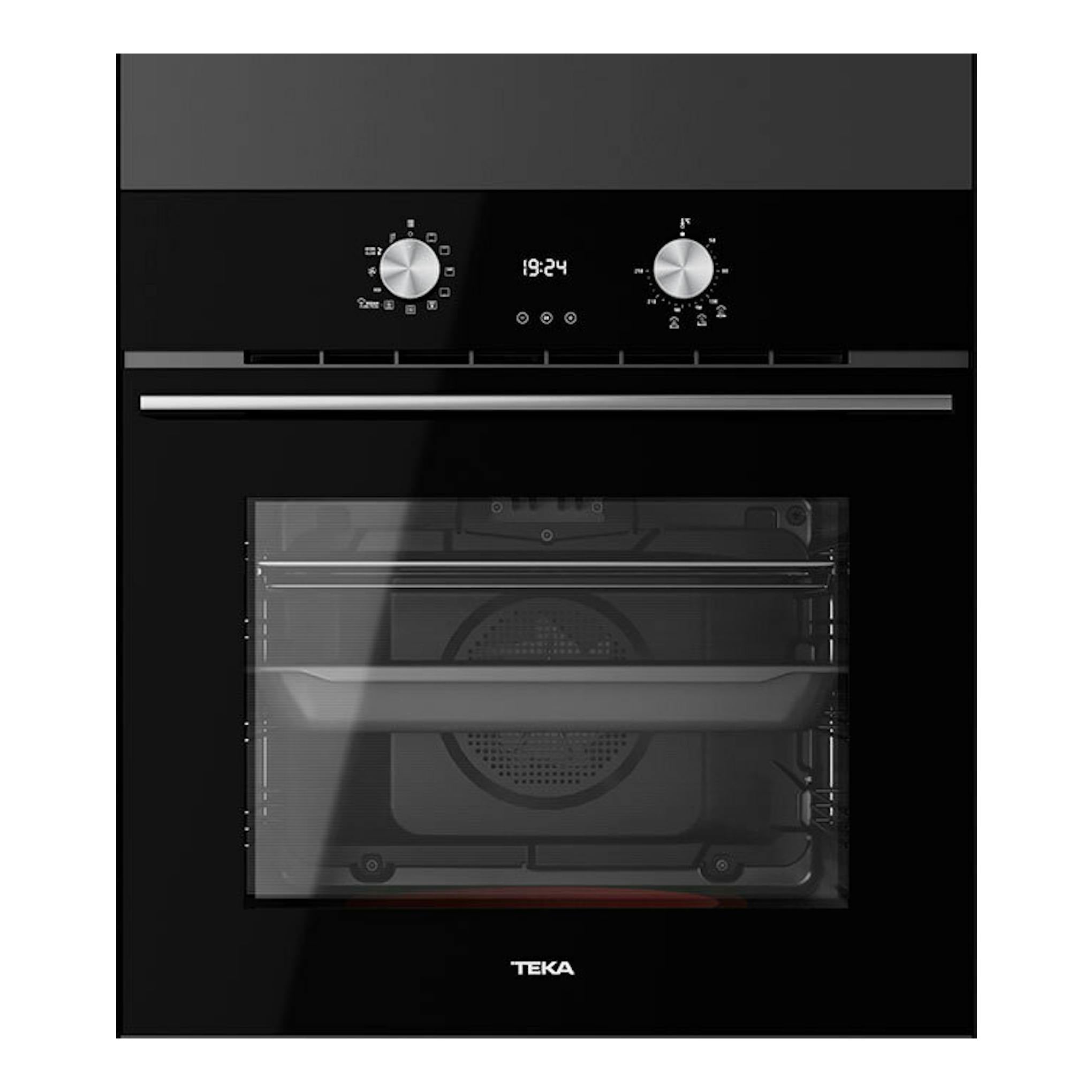 Horno Teka HLB8408S de cristal negro, vista frontal con panel digital y dos mandos.