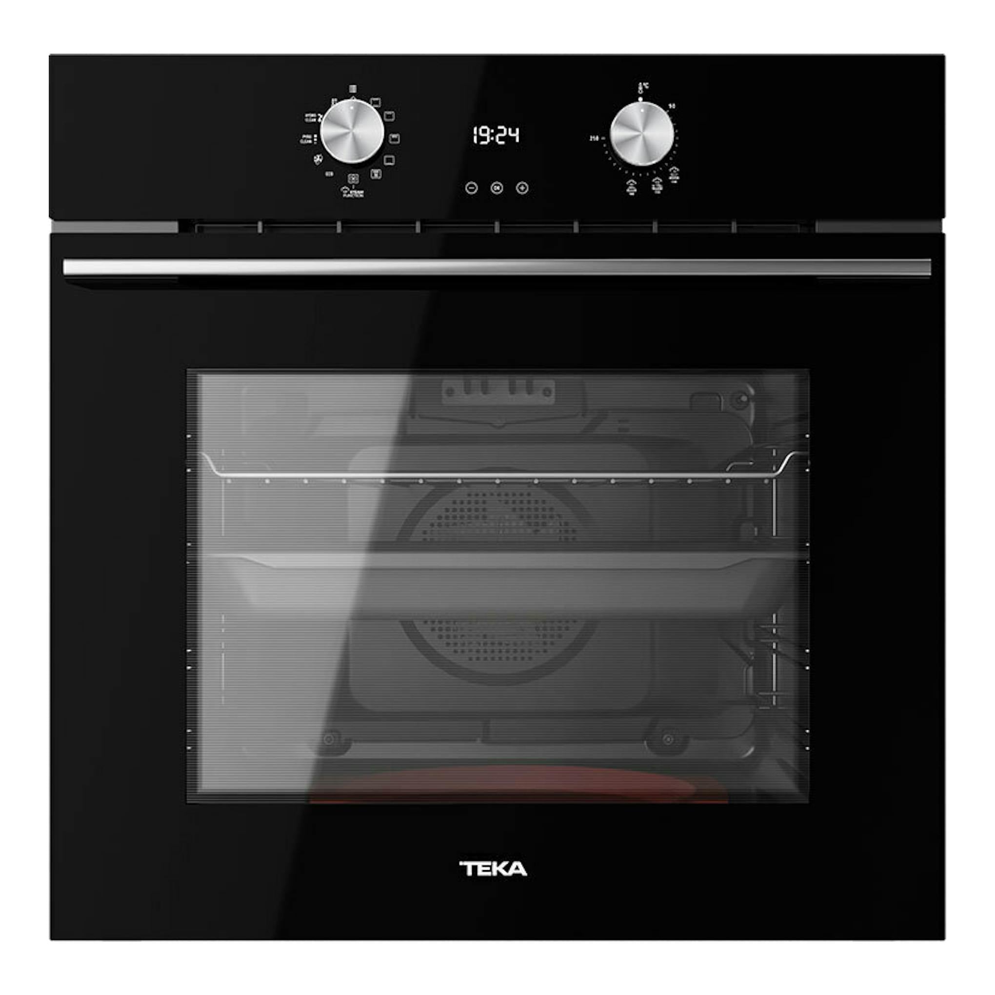 Horno empotrable Teka HLB8418P S en cristal negro, vista frontal con dos mandos y display digital.