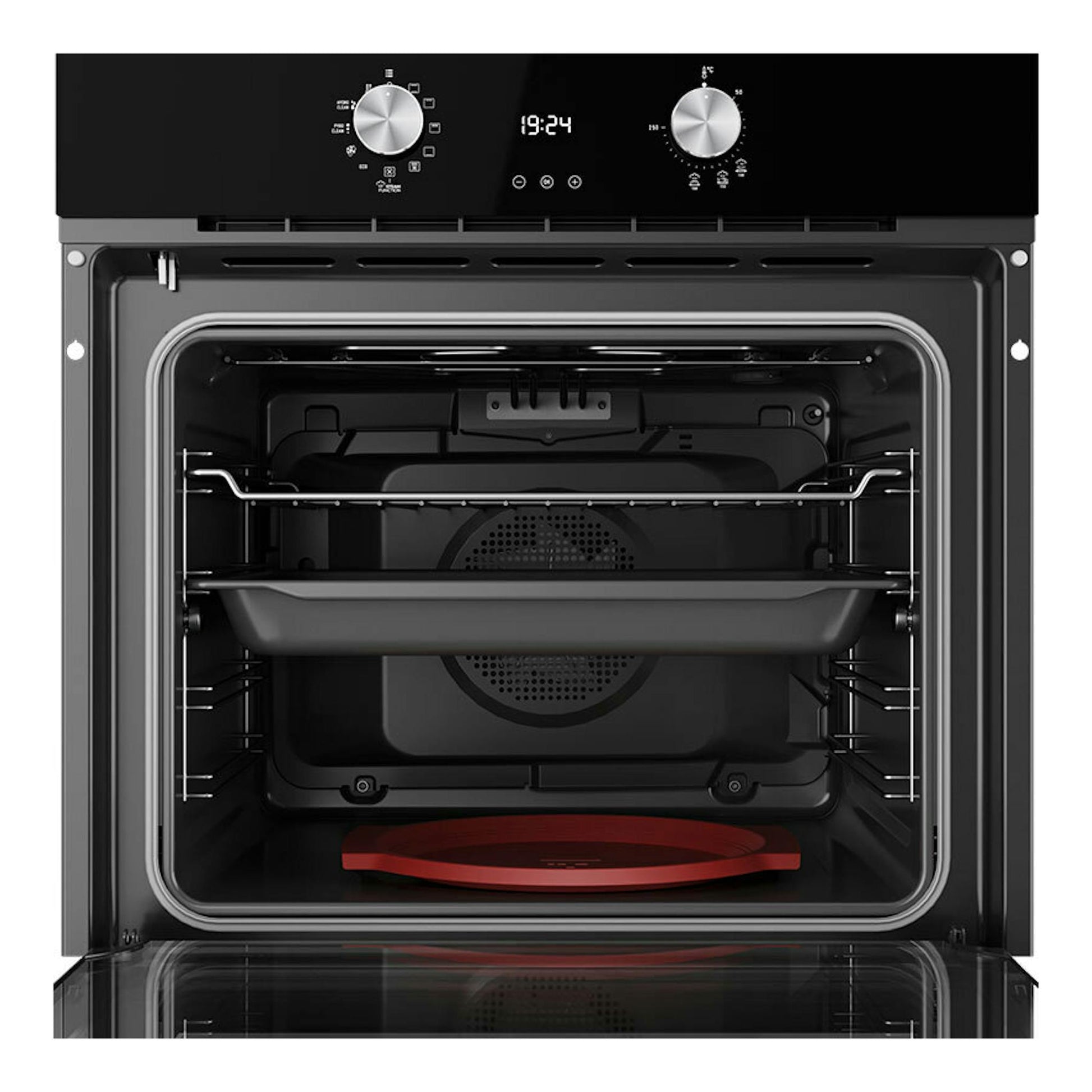 Horno empotrable Teka HLB8418P S de cristal negro, vista frontal abierto, con dos mandos y panel digital.