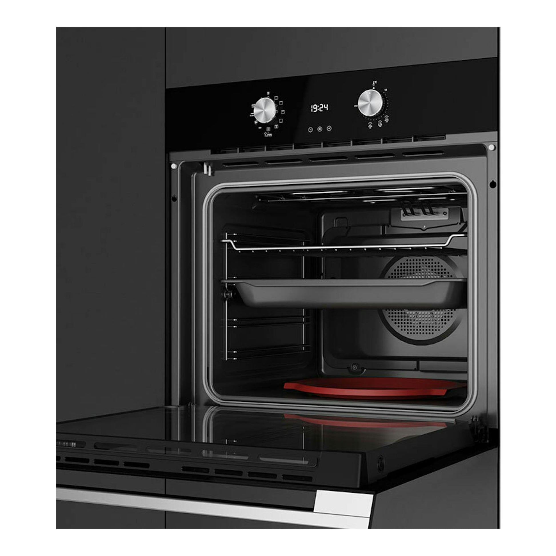 Horno Teka HLB8418P S de cristal negro, empotrable, con puerta abatible abierta y panel con dos mandos.