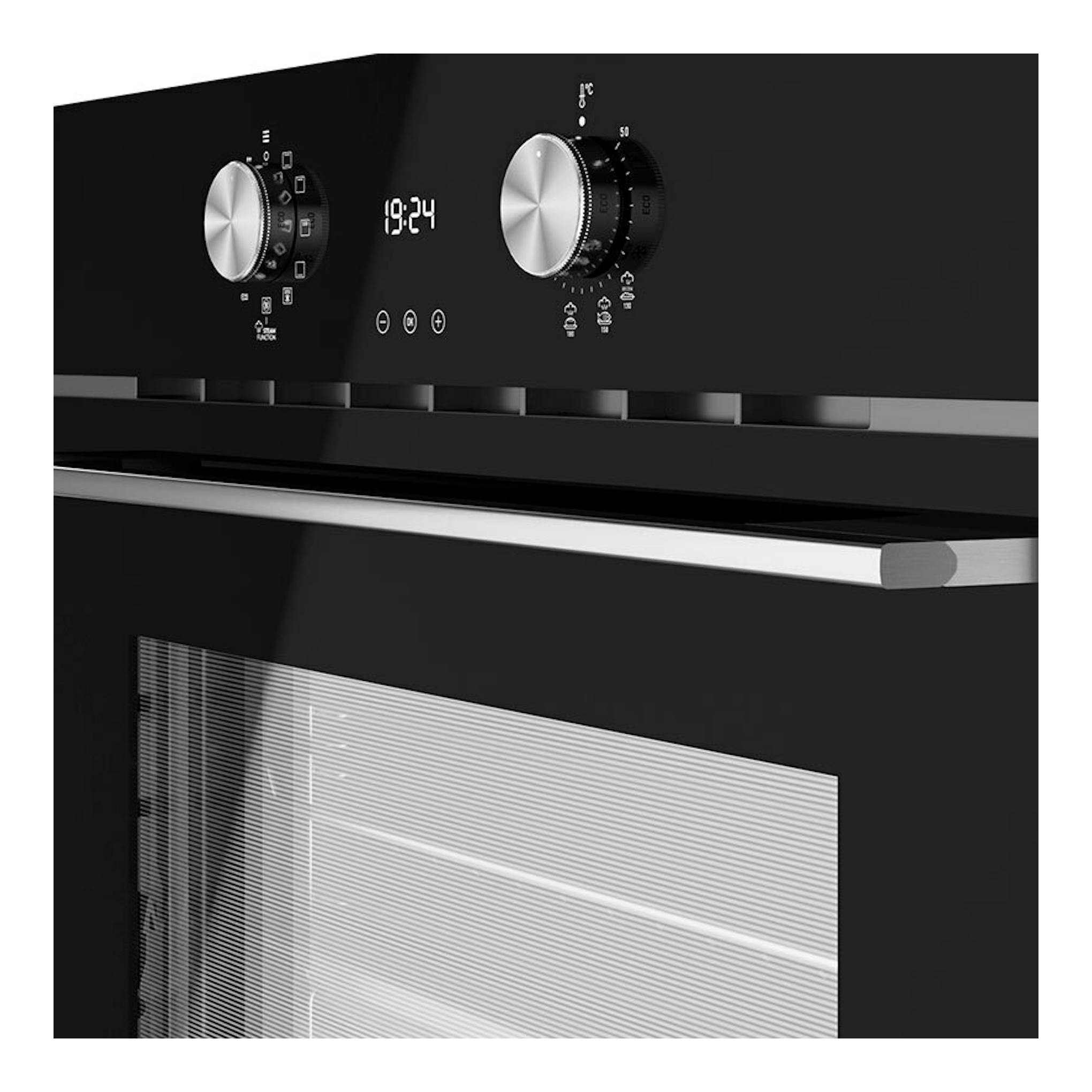 Horno Teka HLB8418P S de cristal negro, vista frontal parcial con mandos plateados y display digital.