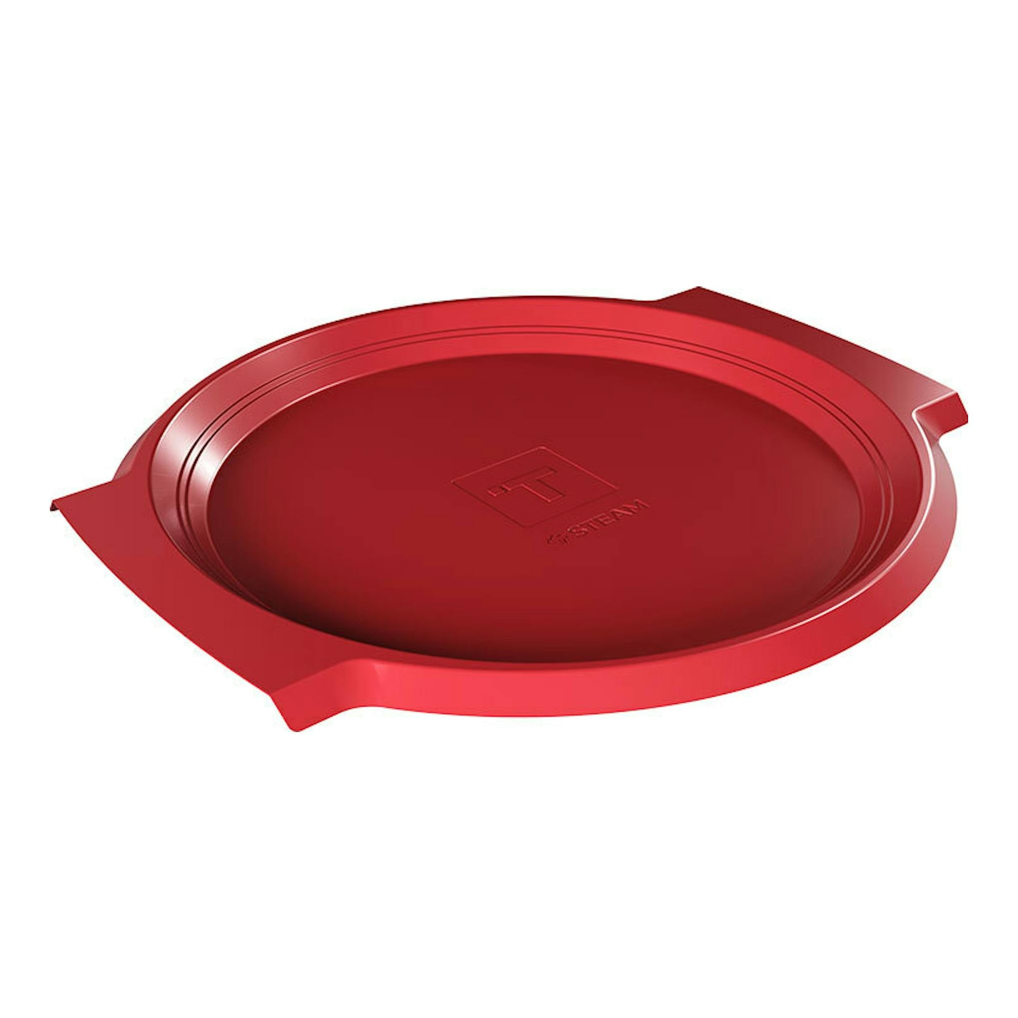 Bandeja circular roja Teka, vista superior, con asas laterales y logotipo grabado en el centro.