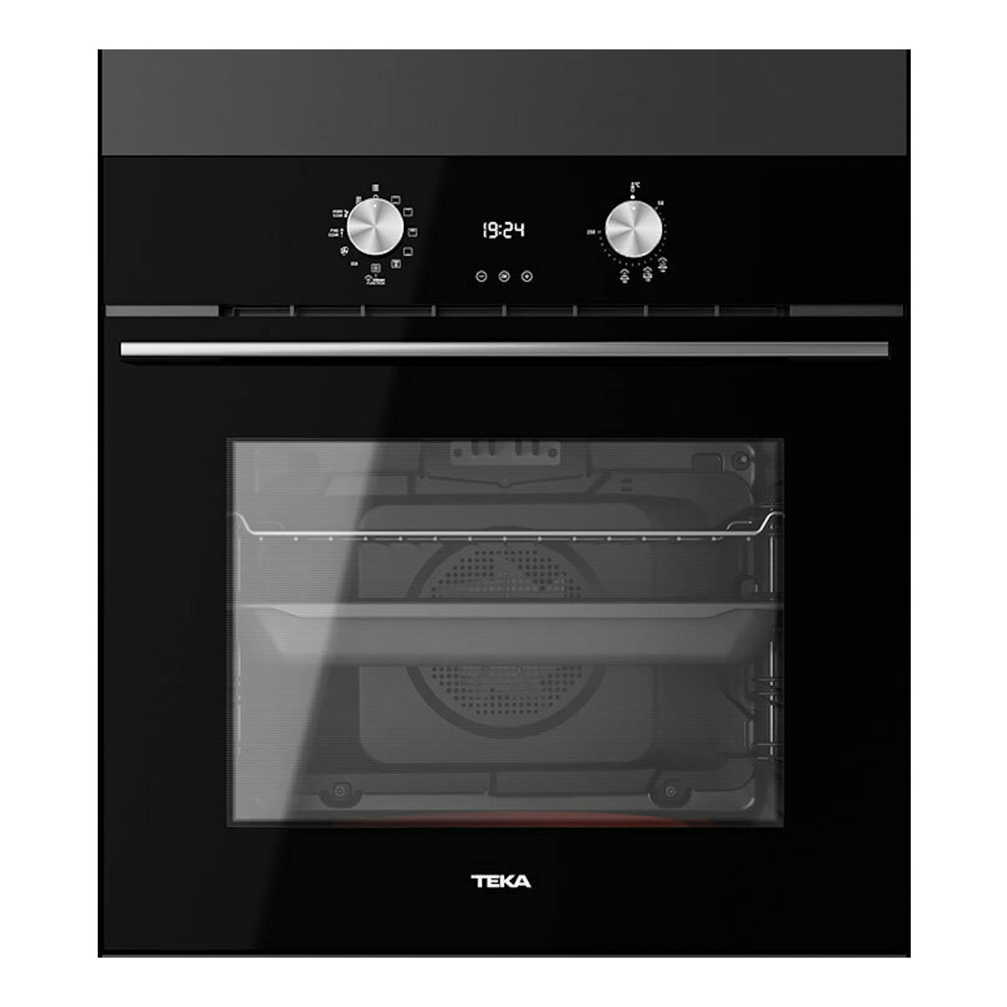 Horno empotrado Teka HLB8418P S de cristal negro, vista frontal, con dos mandos y display digital.