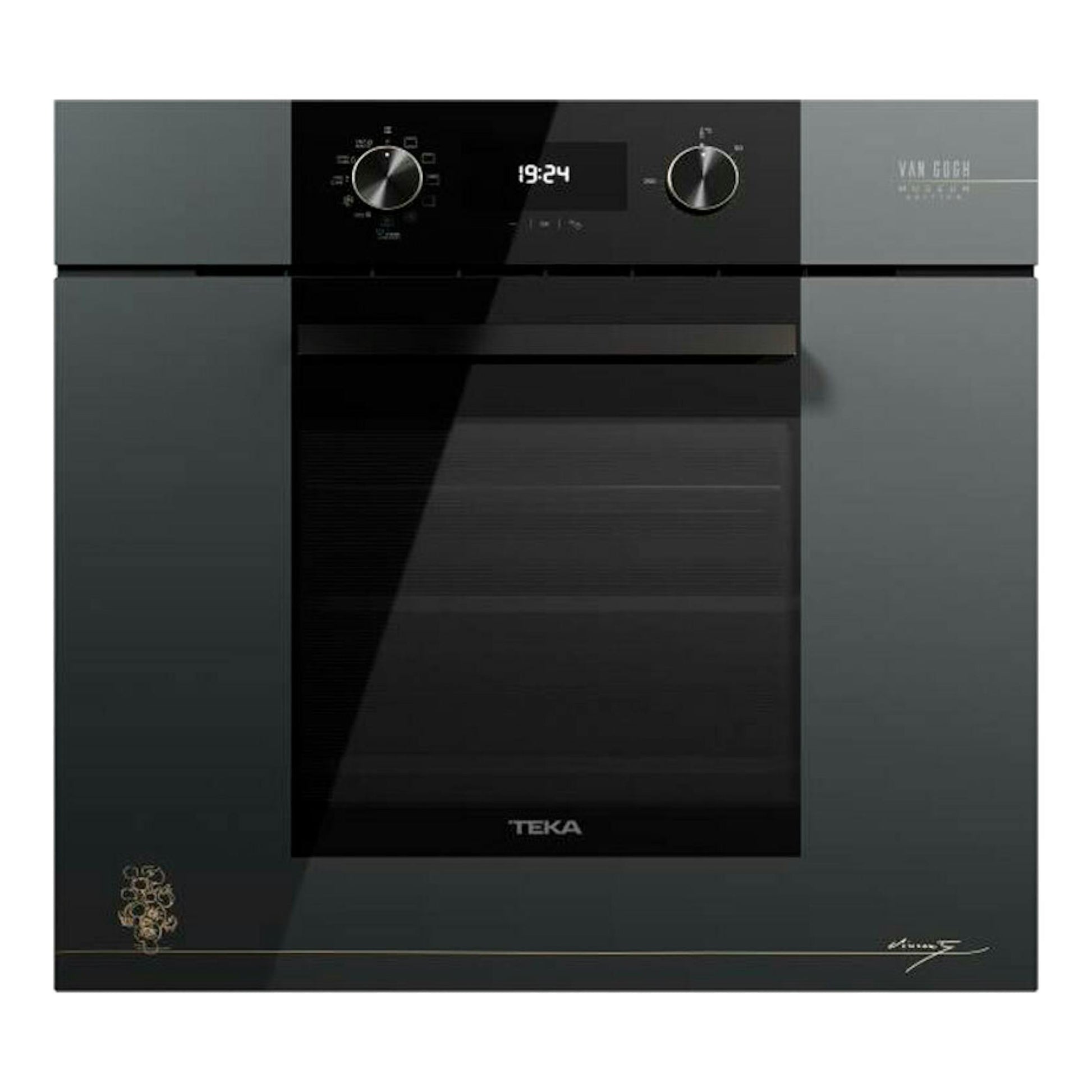 Horno Teka HLB84VGOGH, vista frontal, cristal gris y negro, con pantalla digital y dos mandos.