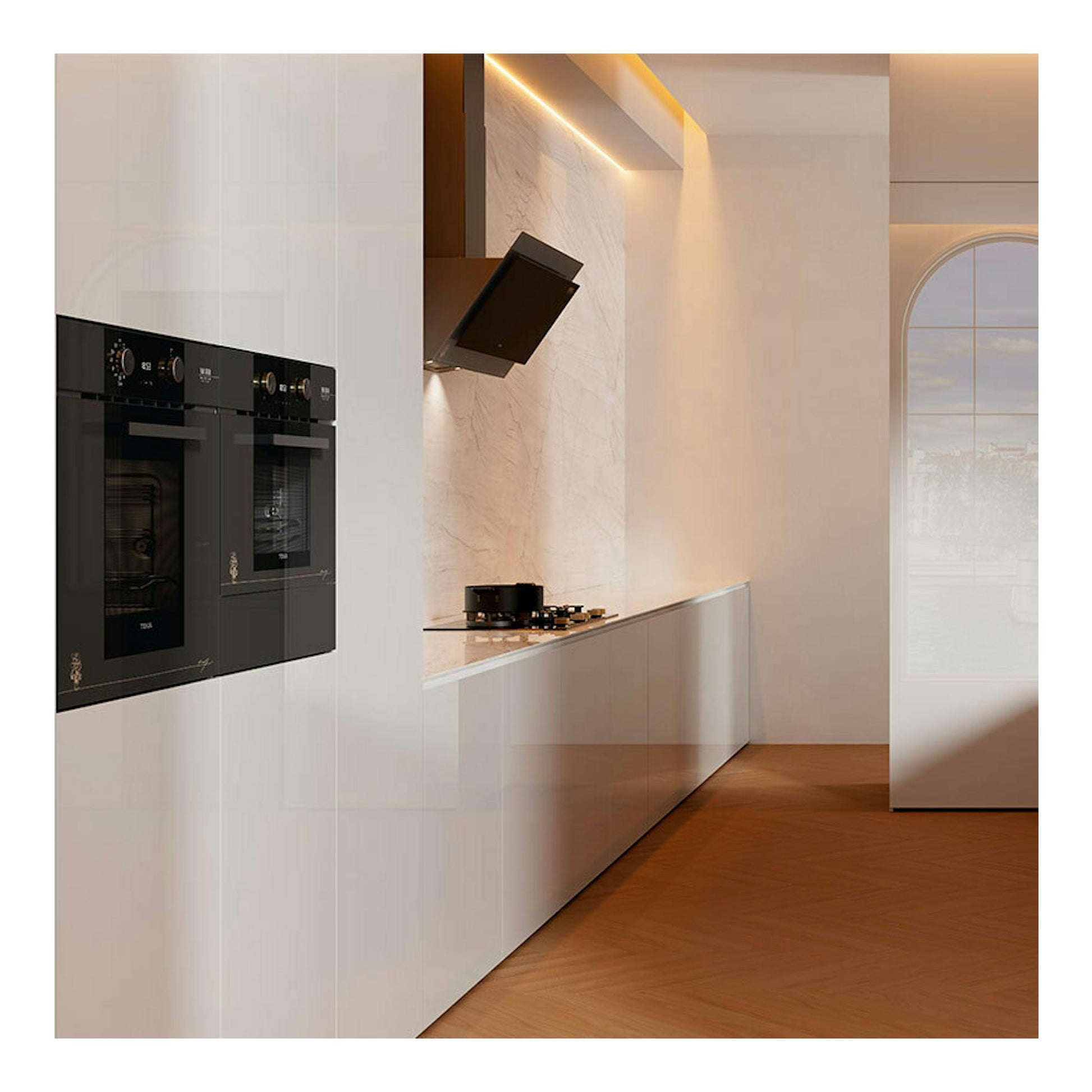 Horno Teka HLB84VGOGH de cristal gris oscuro, empotrado en cocina moderna, vista frontal.