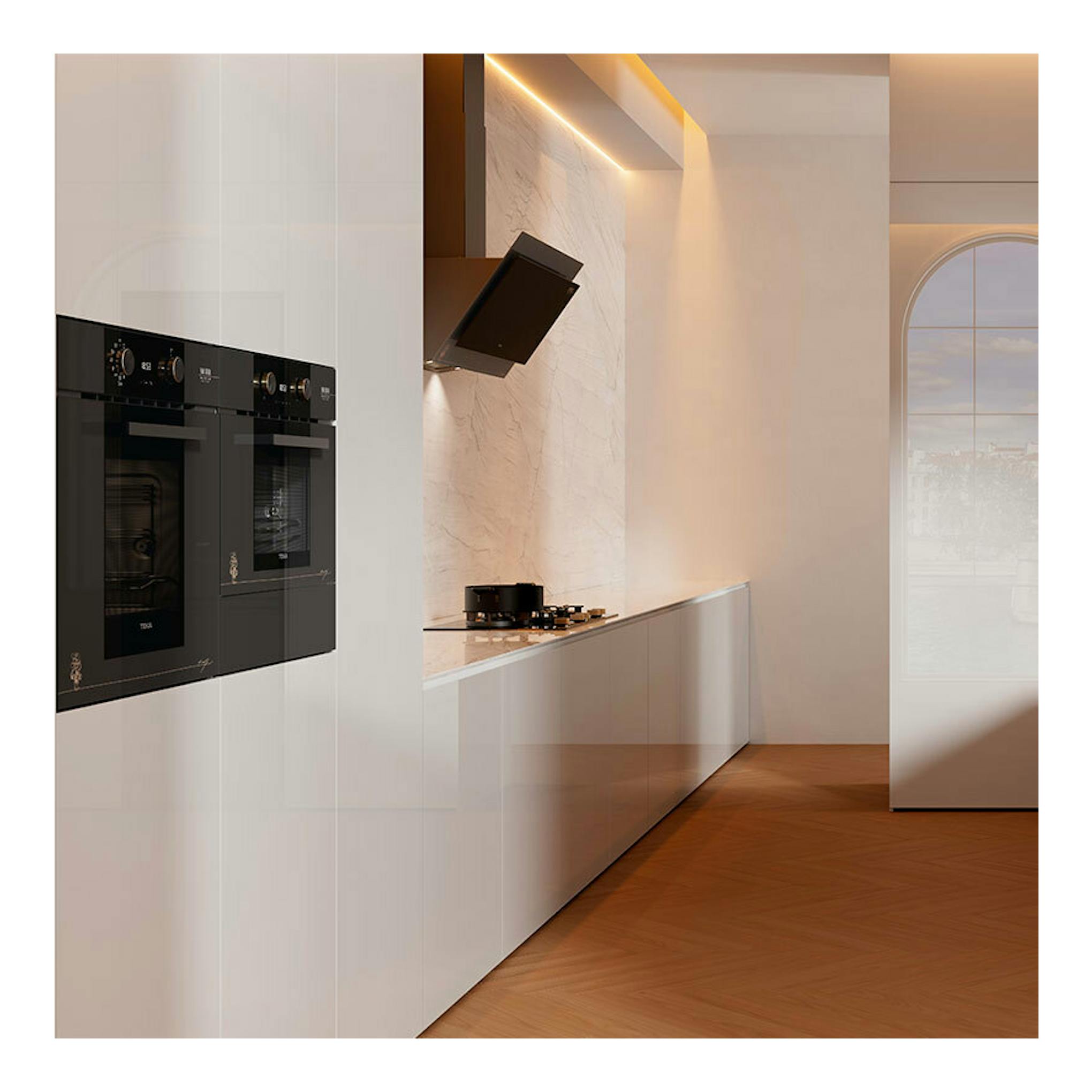 Horno Teka HLB84VGOGH de cristal gris oscuro, empotrado en cocina moderna, vista frontal.