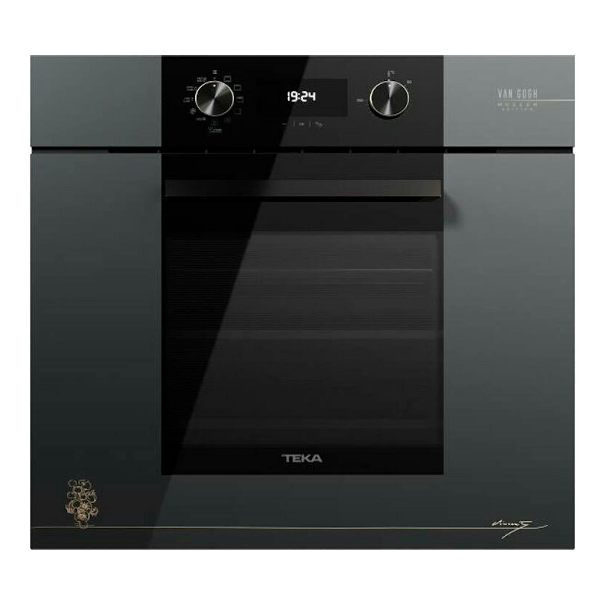Horno Teka HLB84VGOGH P en vista frontal, cristal negro y panel gris, con dos mandos y display central.