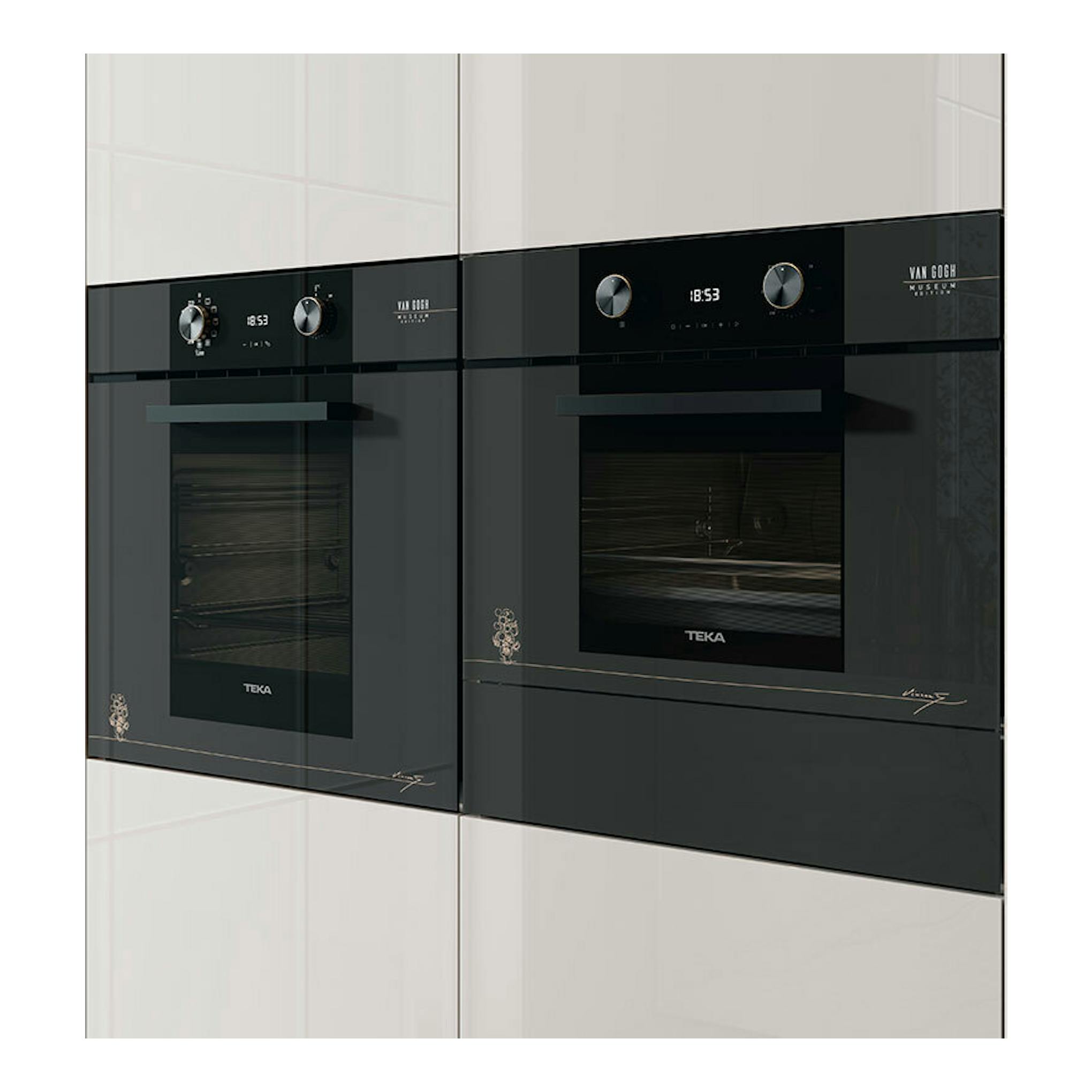 Horno empotrado Teka HLB84VGOGH P en cristal gris, vista frontal, panel negro con dos mandos.