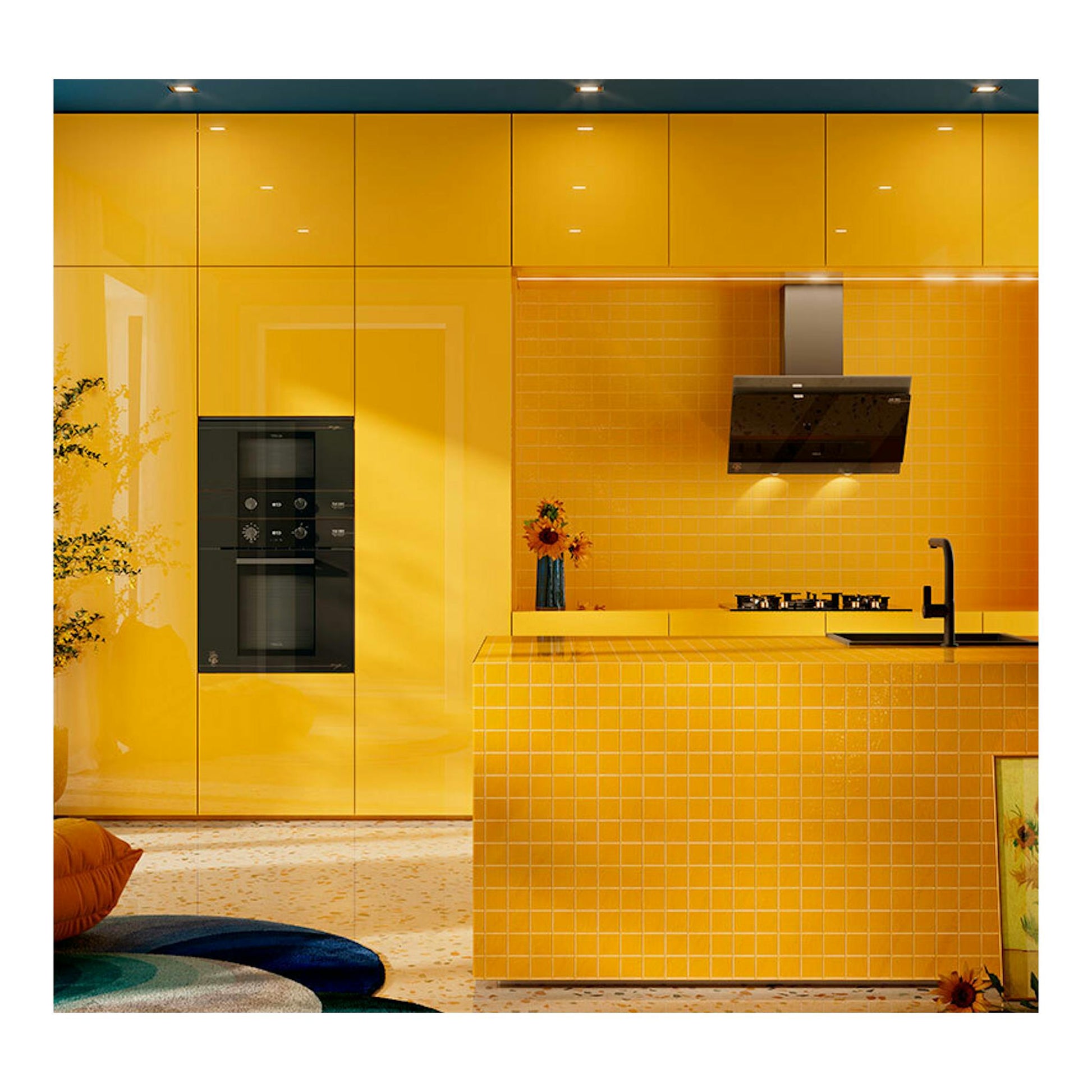Horno Teka HLB84VGOGH P de cristal gris, empotrado en mueble amarillo, vista frontal.