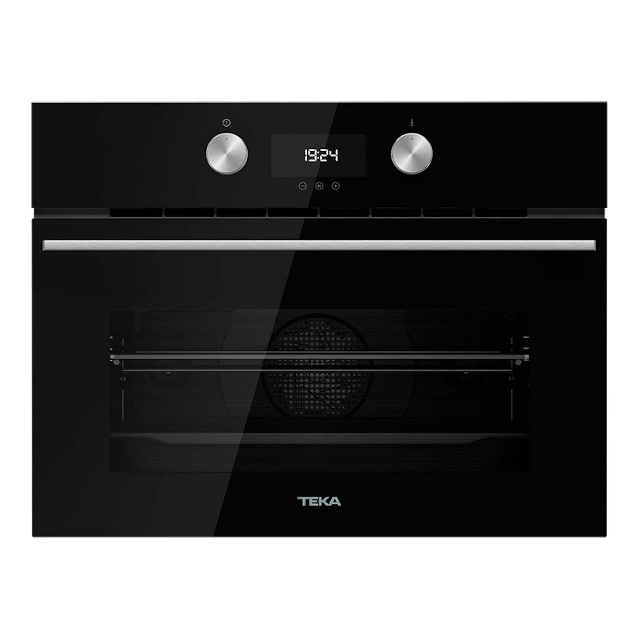 Horno Teka HLC8400 BK negro, vista frontal, con panel digital y dos mandos plateados.