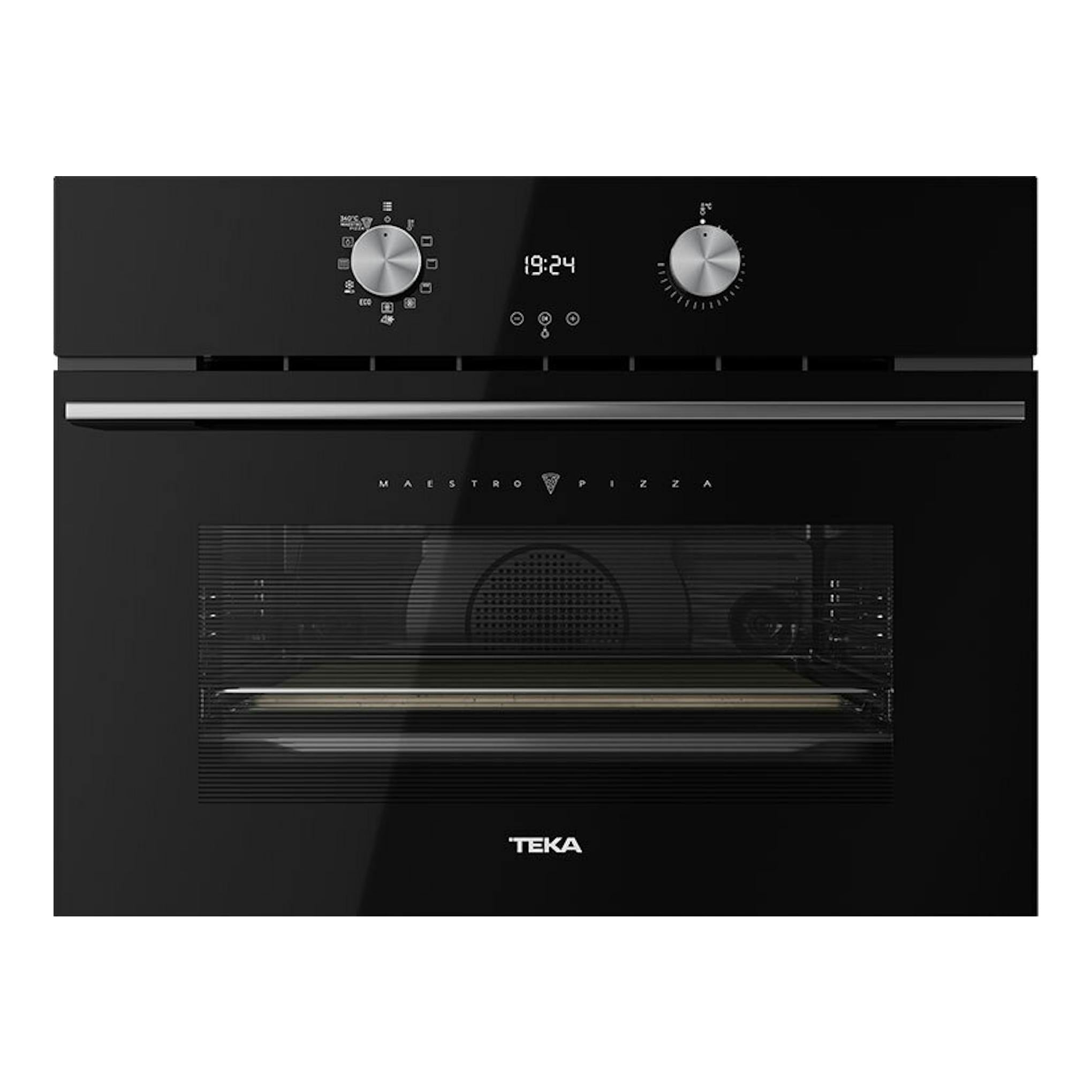 Horno Teka HLC8510 P de cristal negro, vista frontal, con dos mandos y display digital.