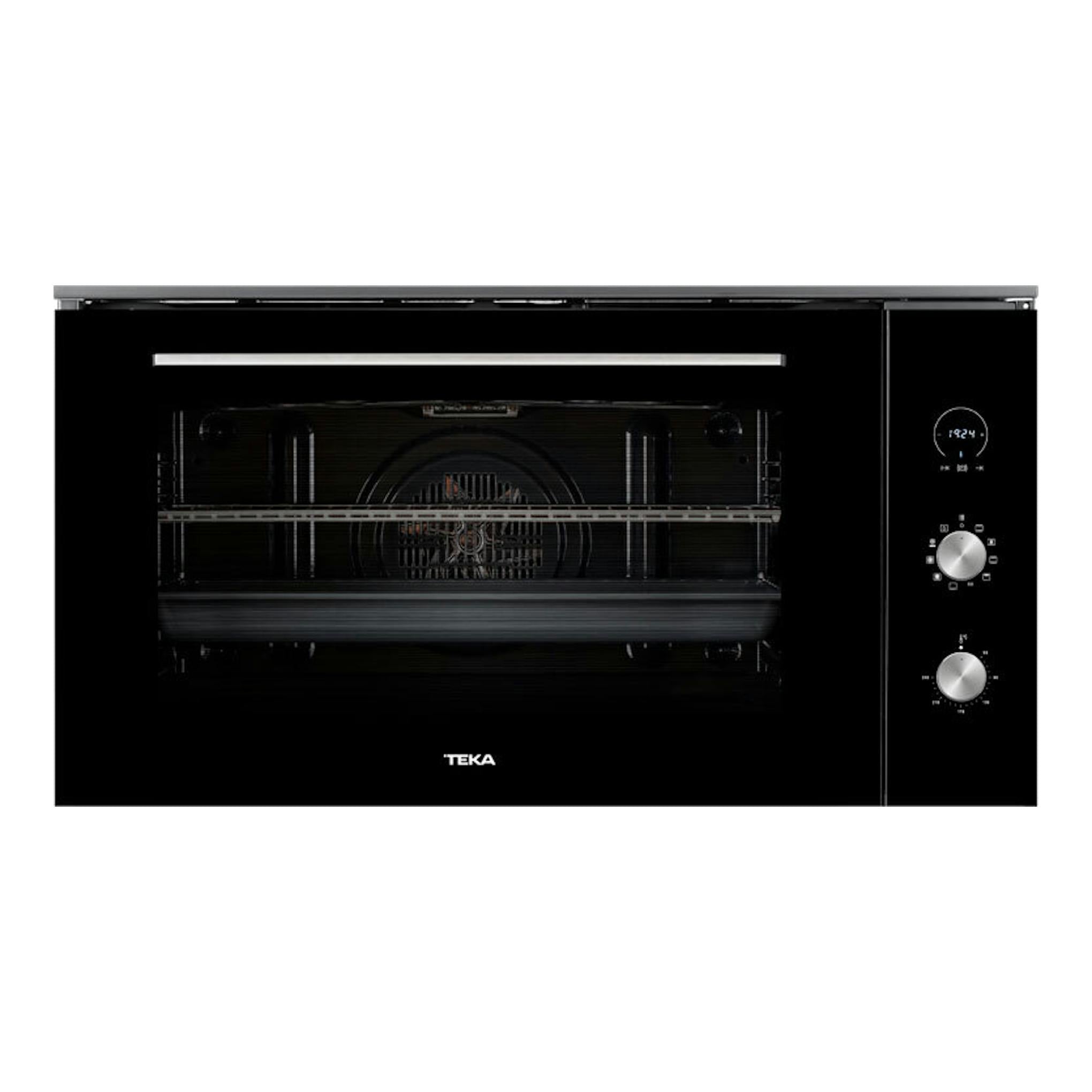 Horno Teka HLF9400 negro, vista frontal, puerta de vidrio y panel de control digital a la derecha.