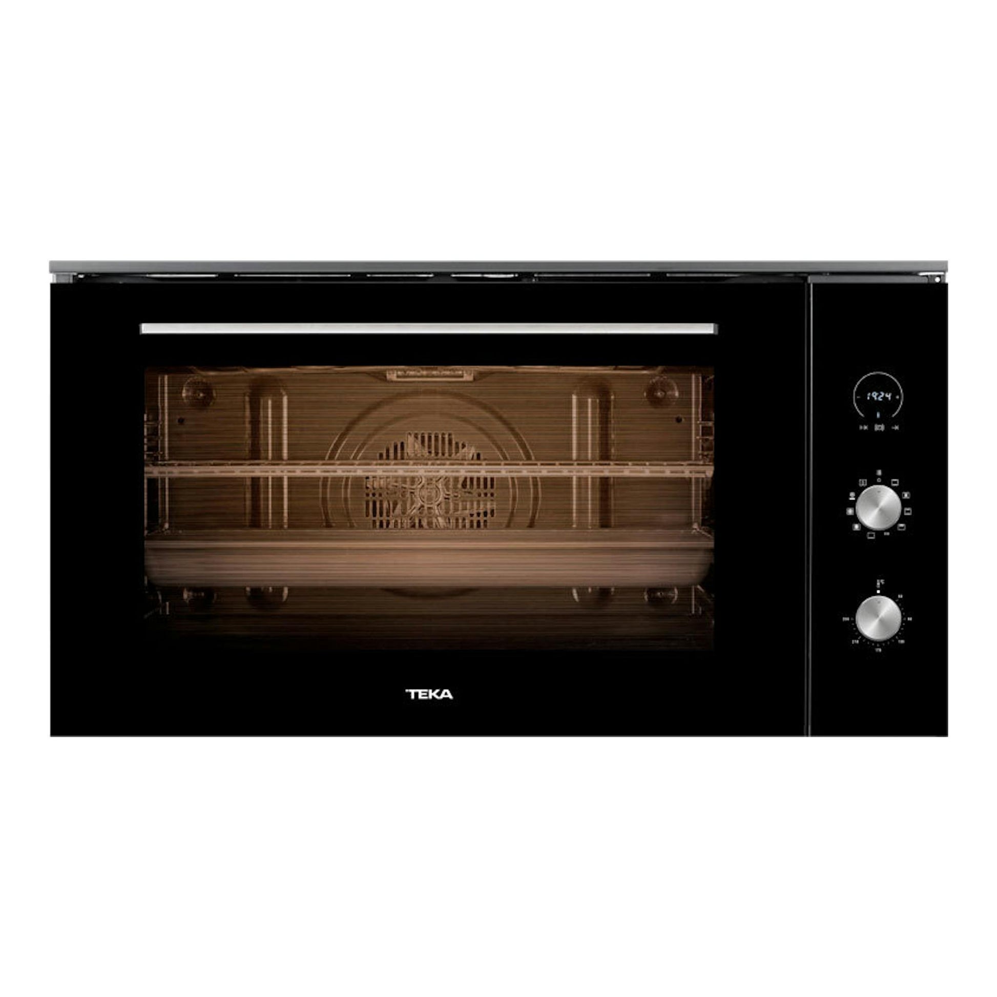 Horno Teka HLF9400 negro, vista frontal, puerta de vidrio y panel de controles a la derecha.