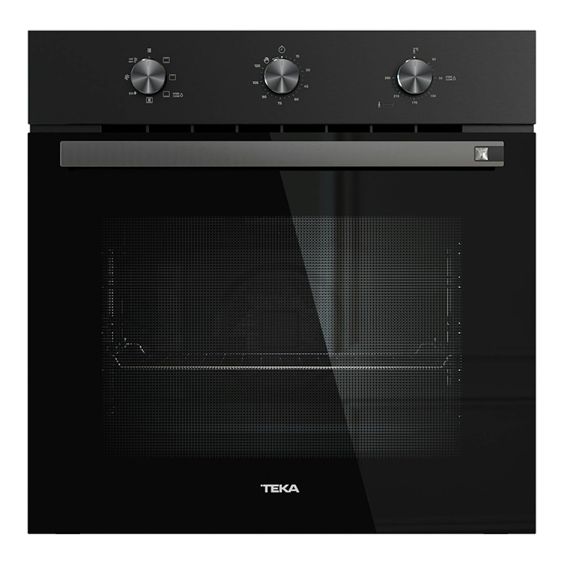 Horno Teka HSB6150 negro, vista frontal, puerta de cristal y tres mandos superiores.
