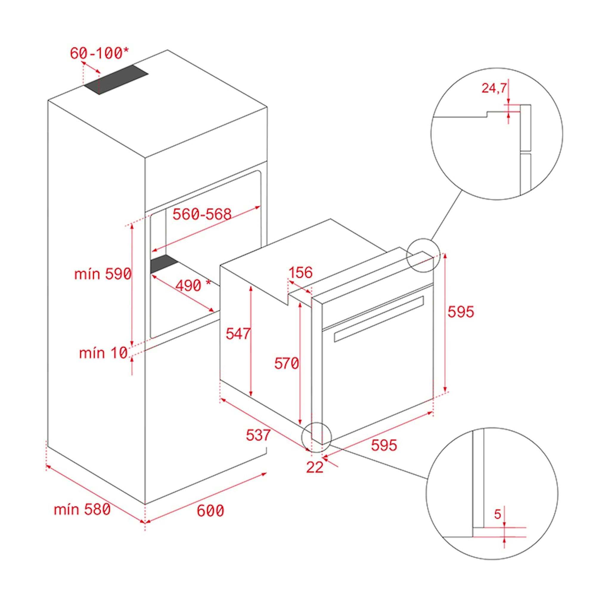 Horno Teka HSB6250P Negro, esquema de medidas e instalación