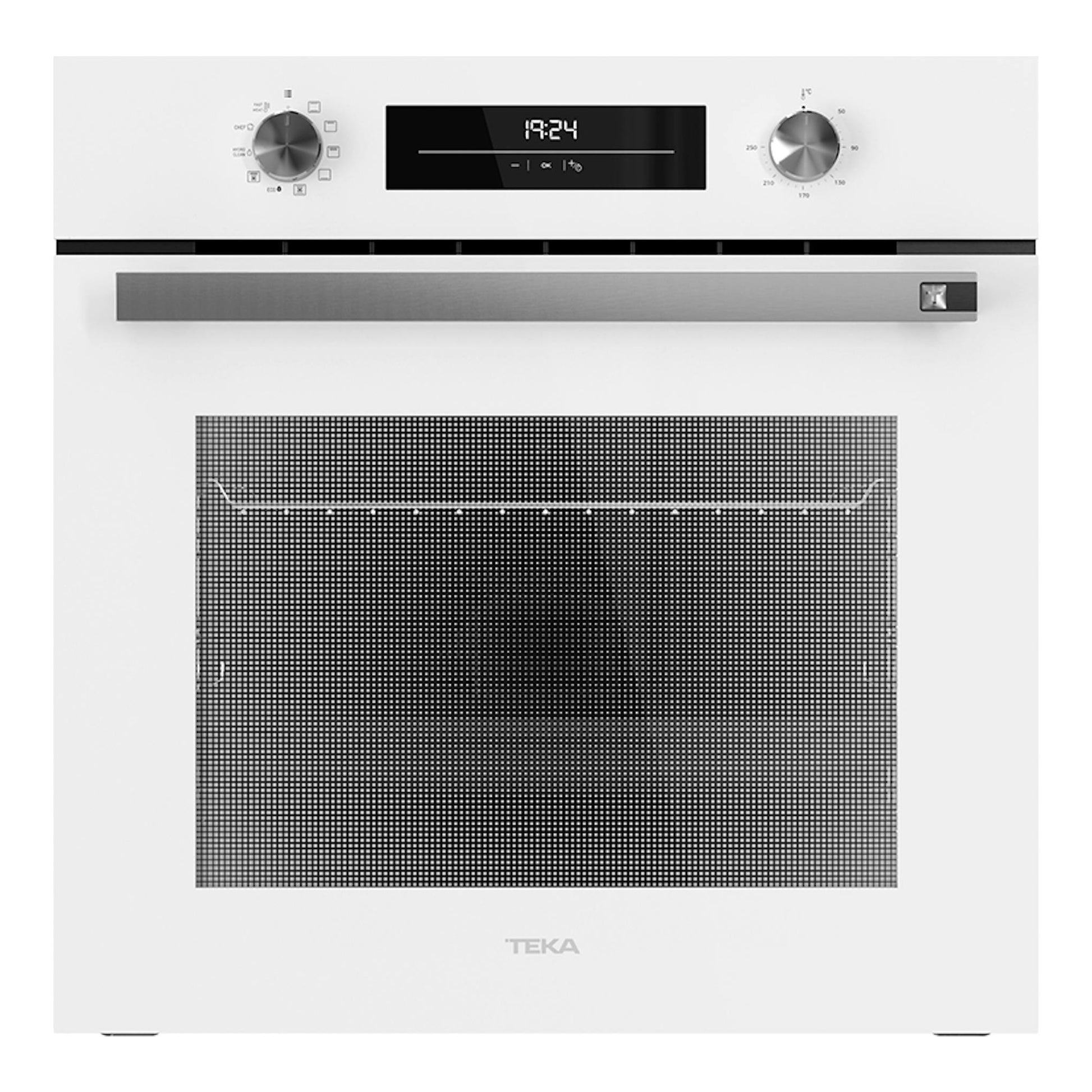 Horno empotrable Teka HSB6350 blanco, vista frontal, con display central y dos mandos.
