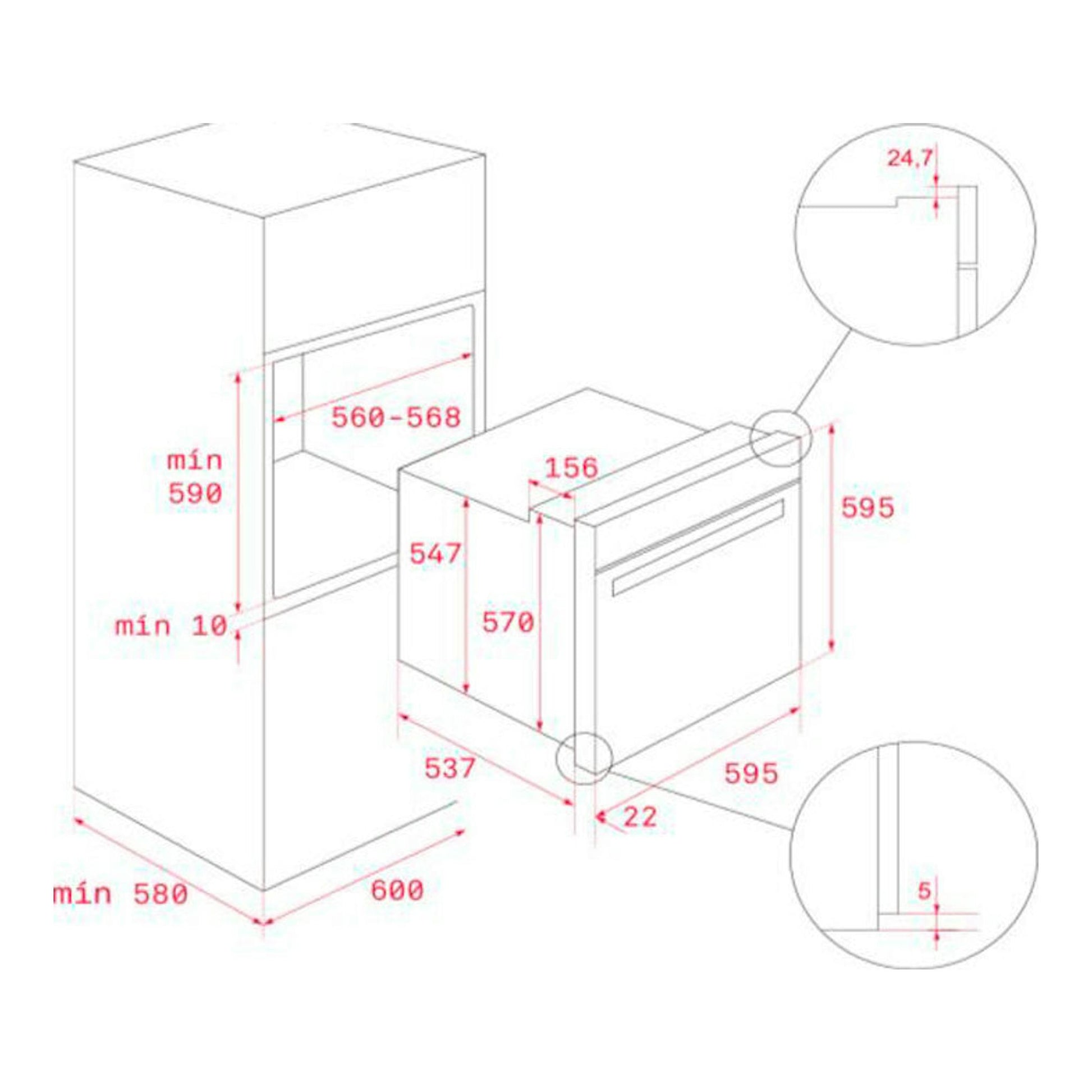 Esquema técnico del horno Teka HSB6350P Inox, vista isométrica con medidas de instalación.