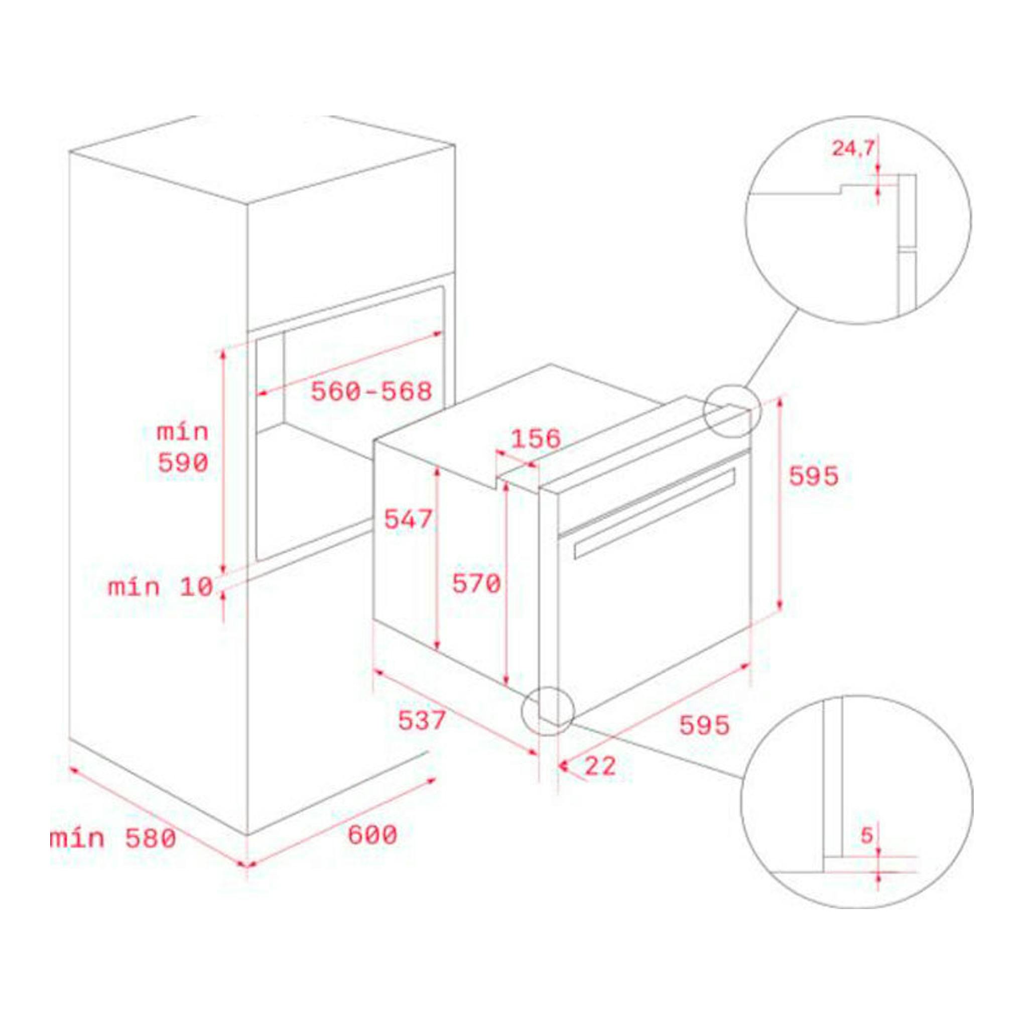 Esquema técnico del horno Teka HSB6350P Inox, vista isométrica con medidas de instalación.