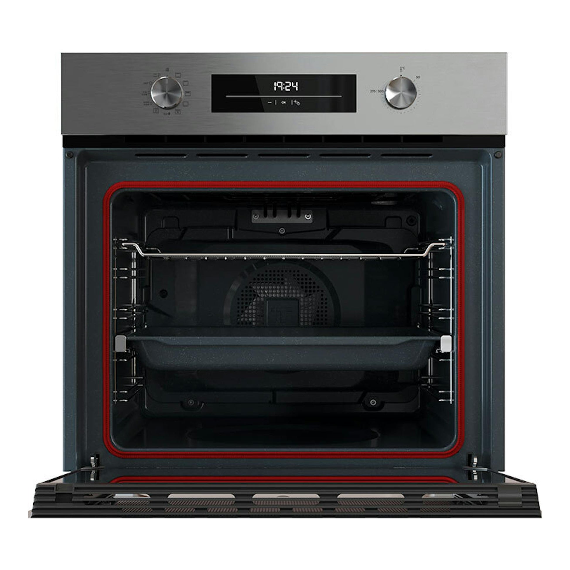 Teka HSB6350P Inox, horno empotrable de frente con puerta abierta e interior negro y panel inox.